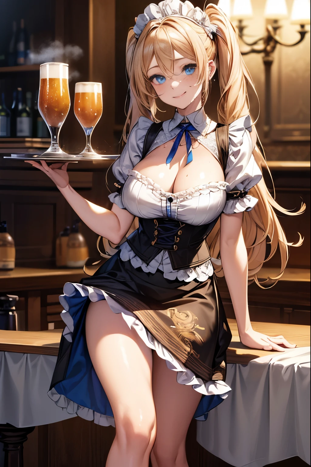 masterpiece, best quality, ultra-detailed, glistening shiny, glowing light, ray tracing, HDR, deph of field, (perfect face, detailed face, detailed eyes), 8k,HD,ultra realistic face, ray tracing, perfect lighting, best quality, ultra-detailed, High resolution, solo, 1girl, Full body, Description Girls, detail hands, Detail fingers, Detail Face, cute face, detail legs, overdetailed art, Fine details, Huge breasts, Huge ass, steam, Sweat, blonde hair, pigtails, wavy hair, tareme, blue eyes, carvy, traven, tray, beer, barmaid, Dirndl, Bandana, ((freckles)), smile