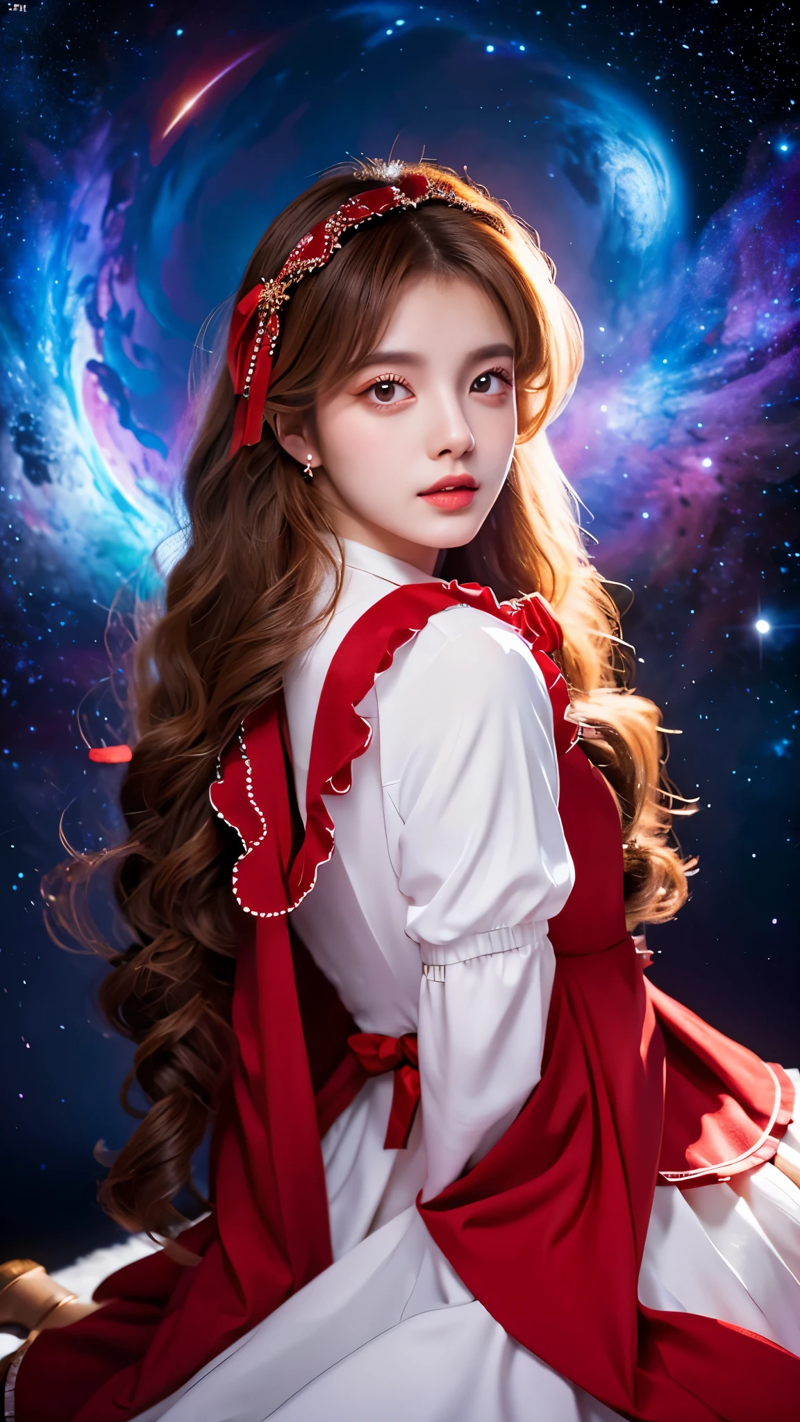 4K Ultra HD, Masterpiece, A girl with a magical aura, Good face, Long hair, shinny hair, Detailed eyes, Glossy lips, Wearing a red Lolita costume, The aura around the body, Magical effect, Spread white light, Cosmic elements and ethereal atmosphere, A mix of bright lights and colorful nebulae, universe background, Sitting, Full body capture.