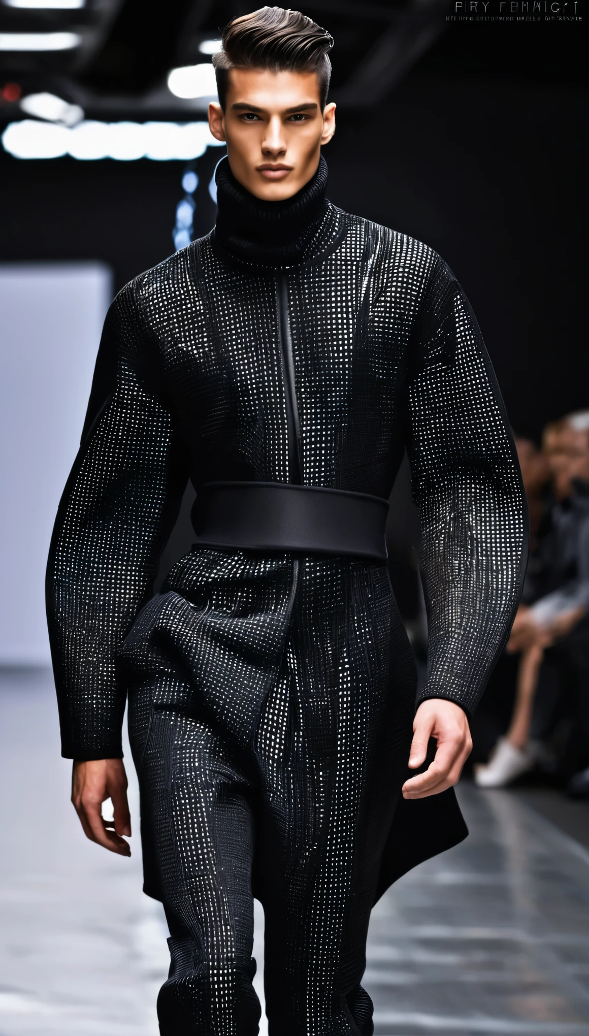 futuristic, runway, technology, innovative, fashion design, models, male, ideal, physique, Black color, luxury Street style, weaving techniques, color schemes, materials, atmosphere