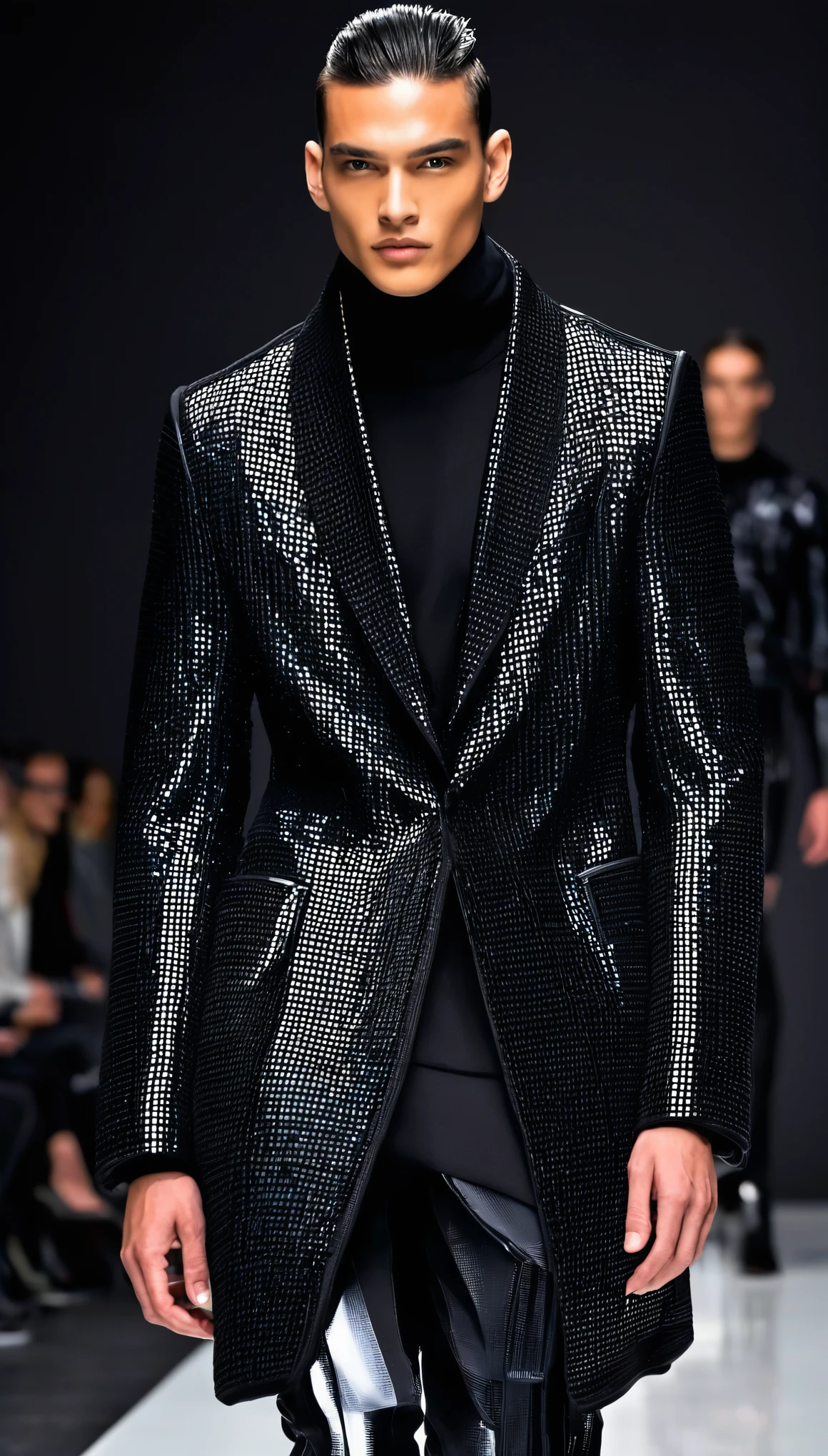 futuristic, runway, technology, innovative, fashion design, models, male, ideal, physique, Black color, luxury Street style, weaving techniques, color schemes, materials, atmosphere