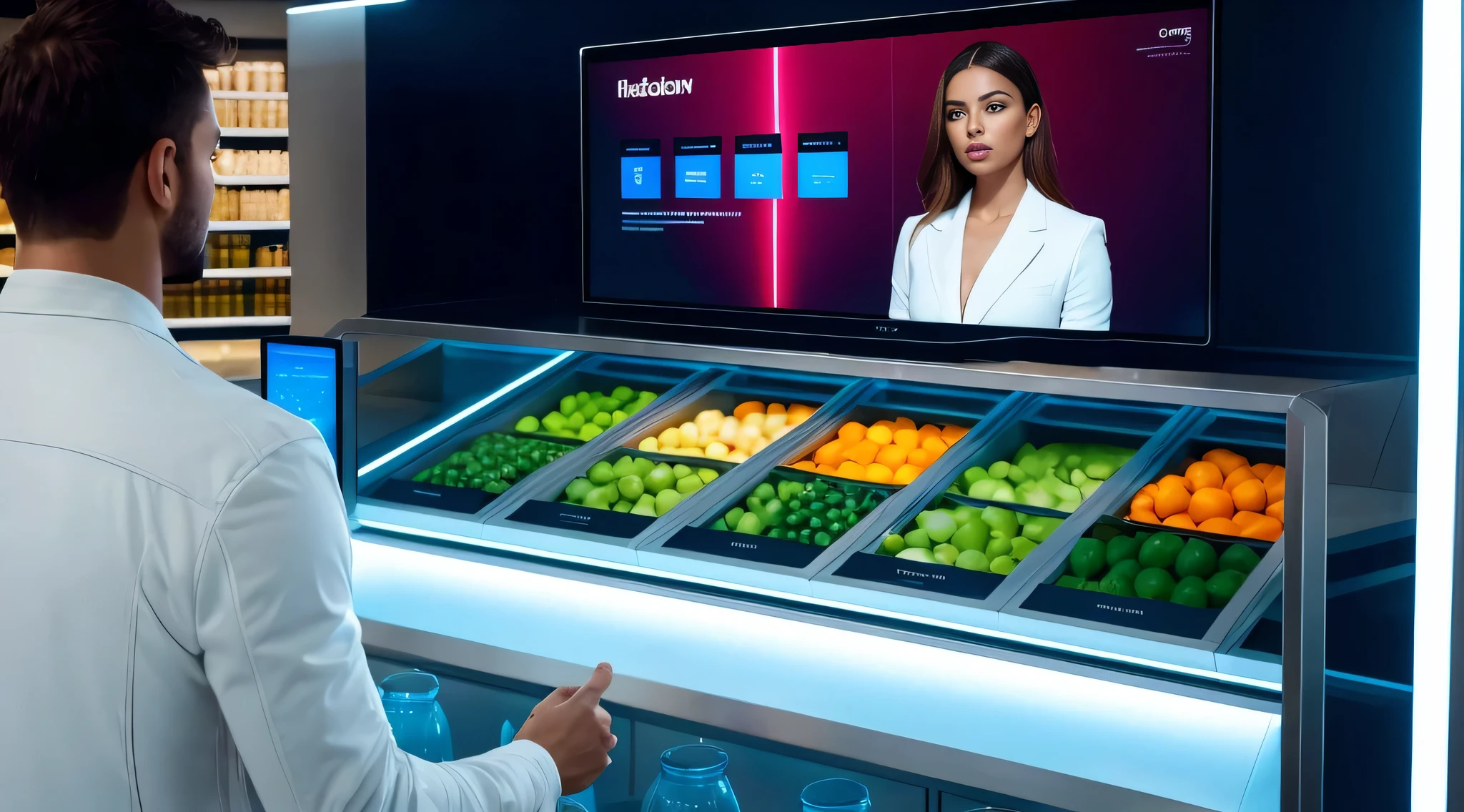 market. a man in casual clothe is looking at the screen, there is a virtual assistant on the screen, virtual assistant is woman, the woman is wearing a white jacket, woman look front, corrected eyes, makeup. save colors, the lighting is perfect, extreme realism, cinematic image, Best quality, Photorealistic, detail, very detailed, detailed skin texture, Realistic image, Very detailed. very high resolution, 8K rendering, (absurd, high resolution, ultra detailed)