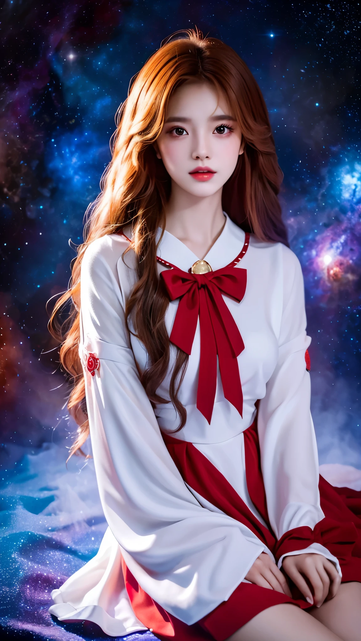 4K Ultra HD, Masterpiece, A girl with a magical aura, Good face, Long hair, shinny hair, Detailed eyes, Glossy lips, Wearing a red ta costume, The aura around the body, Magical effect, Spread white light, Cosmic elements and ethereal atmosphere, A mix of bright lights and colorful nebulae, universe background, Sitting, Full body capture.