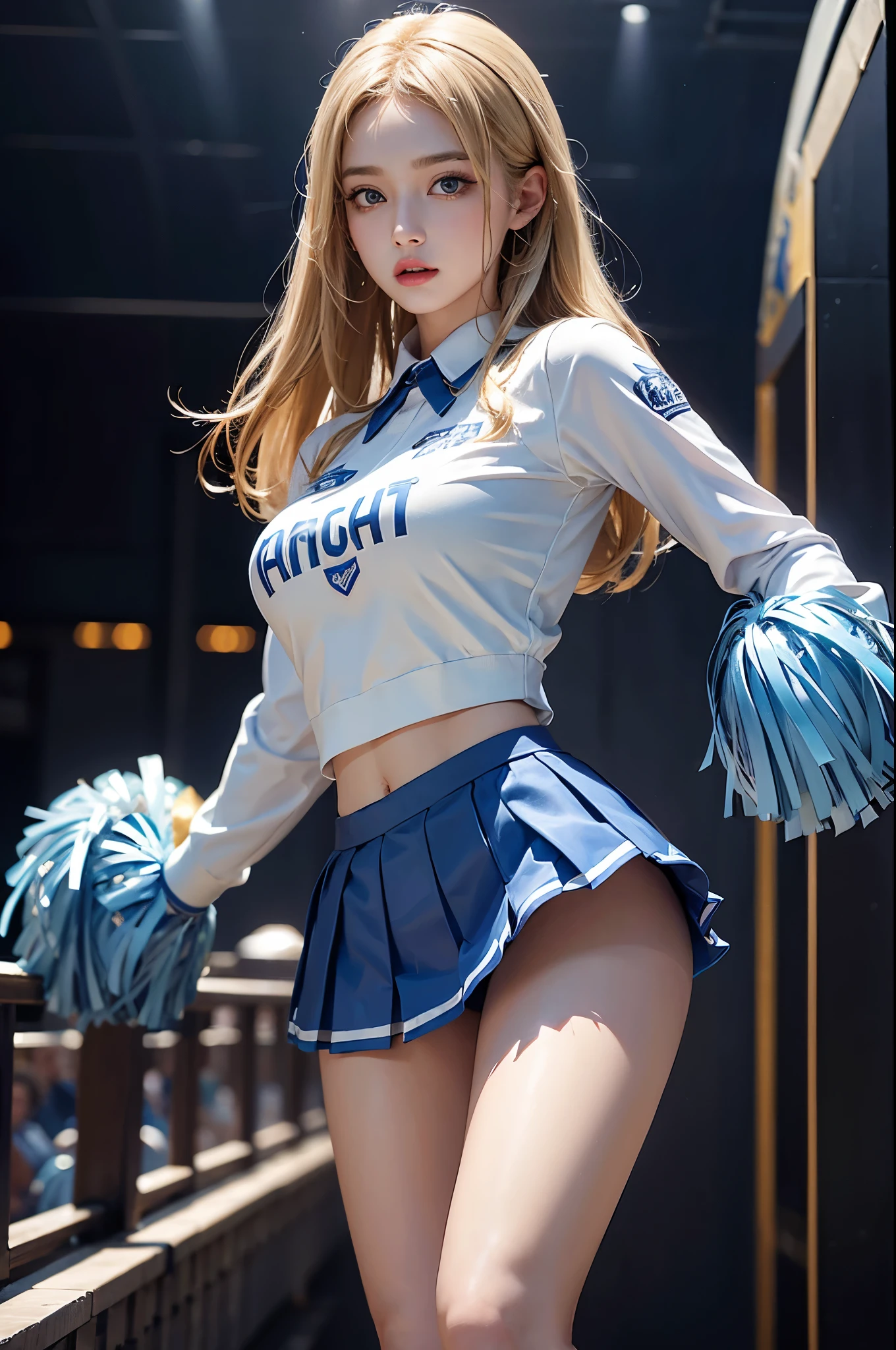 8k, ultrarealistic, ray tracing, unparalleled masterpiece, ultra realistic 8k CG, perfect artwork, ((perfect female figure)), 1girl, narrow waist, seductive posture, sexy pose, alluring, clean, beautiful face, pure face, pale skin, divine goddess, intricate detail, charismatic, charming, alluring, erotic, seductive, divine, clean, prestige, supreme, apex, paramount, goddess, delicate pattern, queen, supernatural, phenomenal, fabulous, marvelous, stupendous, terrific, extremely detailed face, super idol face,((an extremely delicate and beautiful)), (ulzzang-6500:0.7), blond hair, solo, (cheerleader, miniskirt, blue uniform:1.4),(nsfw:1.4)