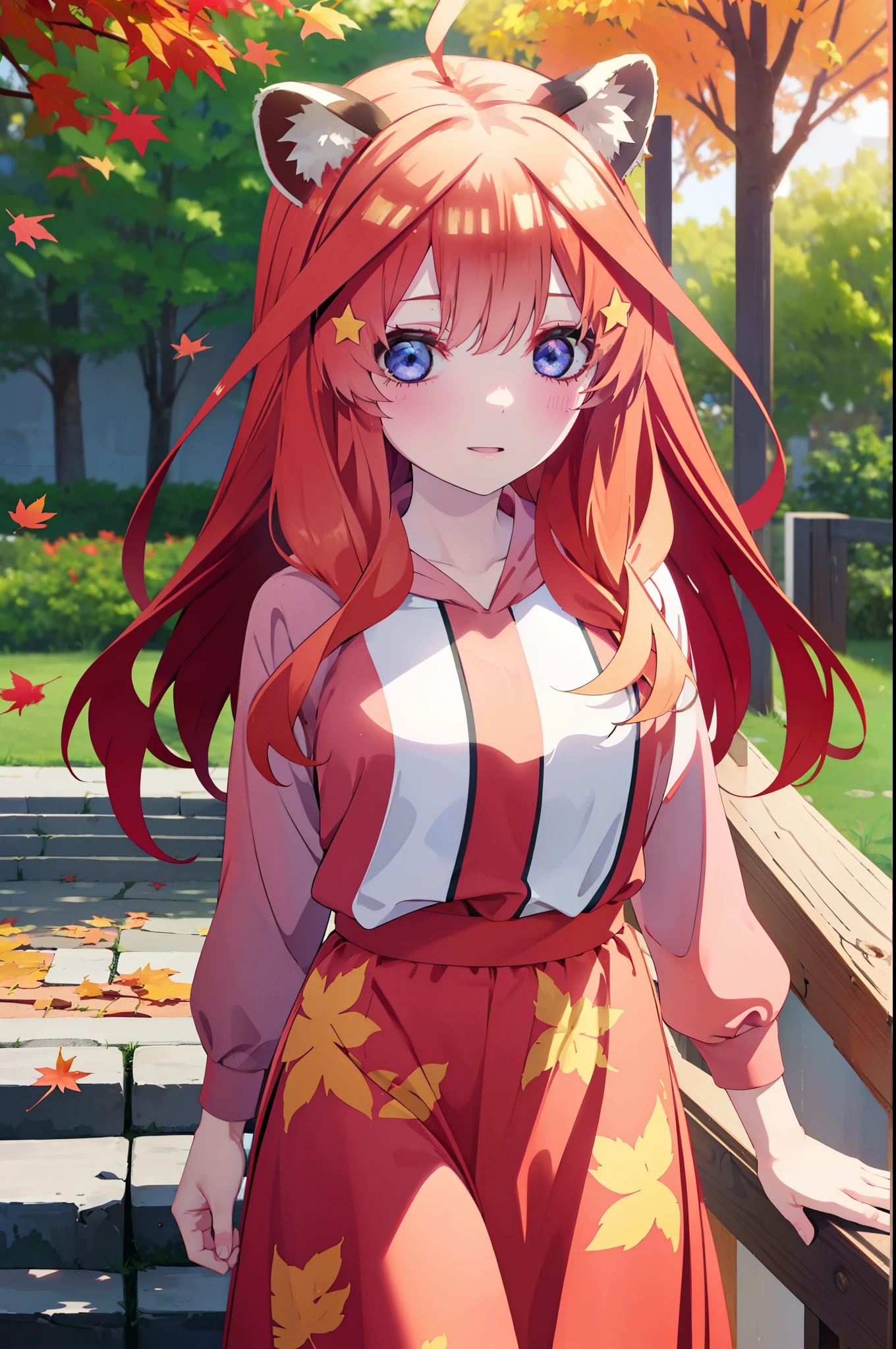 itsukinakano, itsuki nakano, bangs, blue eyes, hair between eyes, Ahoge, redhead, star \(symbol\), short braided hair,hair ornaments, star hair ornaments,smile,blush,animal ears raccoon ears,Animal tail Tanuki tail,Red hoodie,white long skirt,Cute sandals,autumn leaves,whole bodyがイラストに入るように,
break outdoors, garden,
break looking at viewer,whole body,(cowboy shot:1.5),
break (masterpiece:1.2), highest quality, High resolution, unity 8k wallpaper, (figure:0.8), (beautiful deしっぽed eyes:1.6), extremely deしっぽed face, perfect lighting, extremely deしっぽed CG, (perfect hands, perfect anatomy),