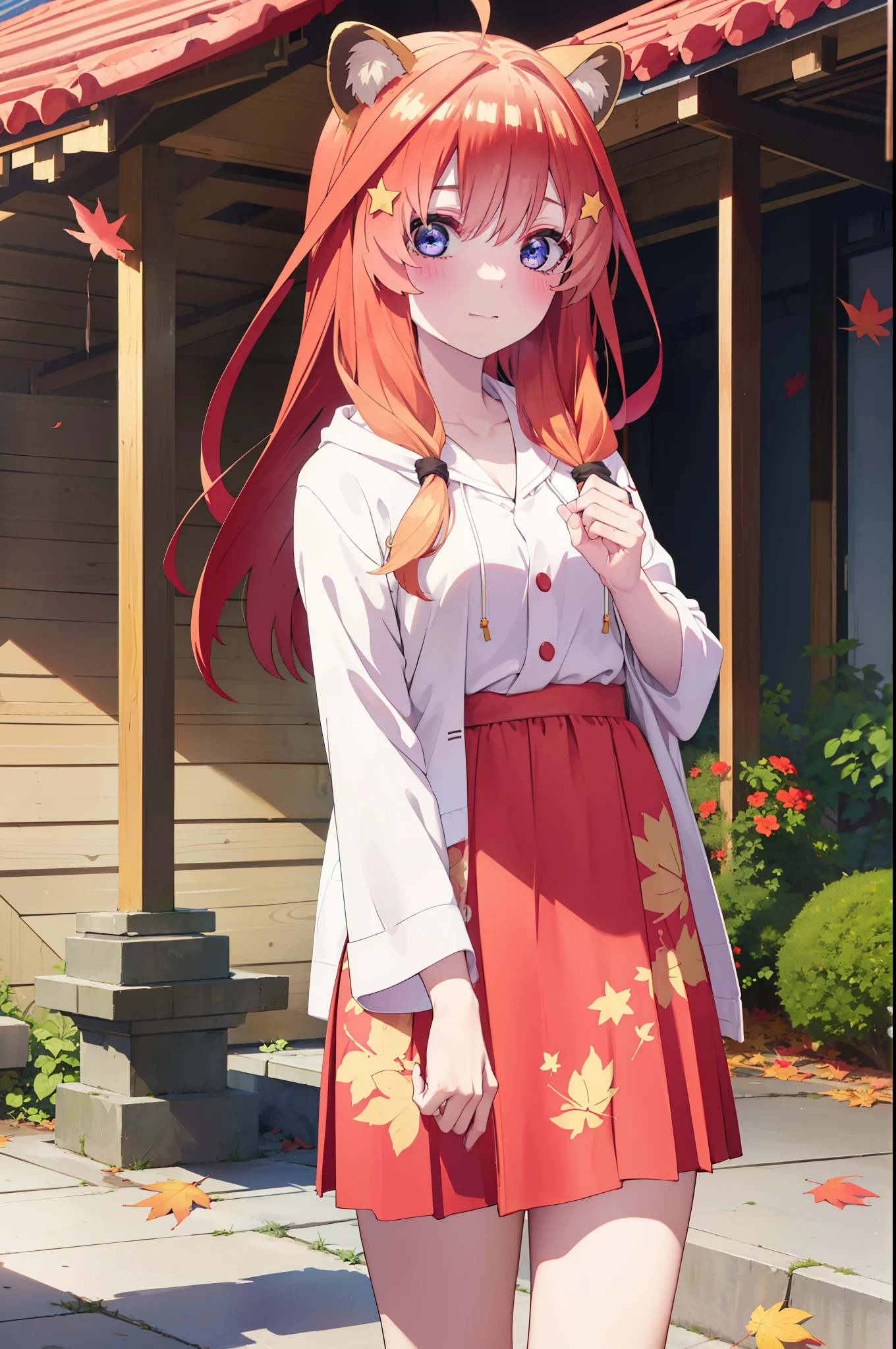 itsukinakano, itsuki nakano, bangs, blue eyes, hair between eyes, Ahoge, redhead, star \(symbol\), short braided hair,hair ornaments, star hair ornaments,smile,blush,animal ears　raccoon ears,Animal tail　Tanuki tail,Red hoodie,white long skirt,Cute sandals,autumn leaves,whole bodyがイラストに入るように,
break outdoors, garden,
break looking at viewer,whole body,(cowboy shot:1.5),
break (masterpiece:1.2), highest quality, High resolution, unity 8k wallpaper, (figure:0.8), (beautiful deしっぽed eyes:1.6), extremely deしっぽed face, perfect lighting, extremely deしっぽed CG, (perfect hands, perfect anatomy),