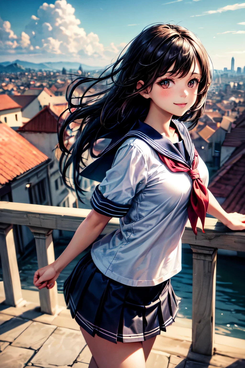 very cute and beautiful girl,teen,(highly detailed beautiful face),
(smile),black hair,(sailor ,pleated navy blue mini skirt),stylish pose,looking at viewer,
many european houses with red roof,(town overview:1.2),
(best quality,masterpiece:1.0),absurdres,highres,ultra-detailed,extremely detailed,32k,8k resolution,
intricate details,cinematic scene,detailed background,solo,dynamic angle,
solo,hair fluttering in the wind,beautiful detailed sky,