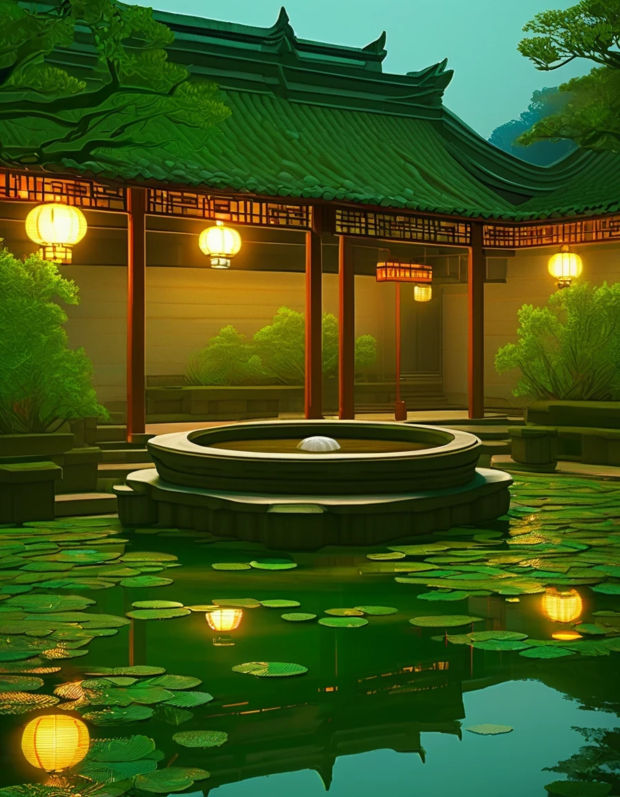 evening,the night rain gently caresses the surface of the ancient well, creating ripples as if echoing the ripples in the hearts of ancient people. The red-brick and green-tiled ancient dwellings are reflected in the pond, resembling a scenery from an ancient painting.