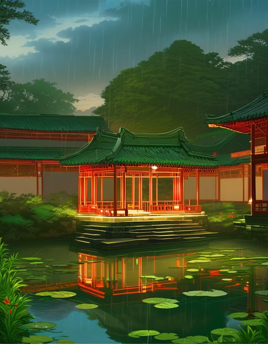 evening,the night rain gently caresses the surface of the ancient well, creating ripples as if echoing the ripples in the hearts of ancient people. The red-brick and green-tiled ancient dwellings are reflected in the pond, resembling a scenery from an ancient painting.