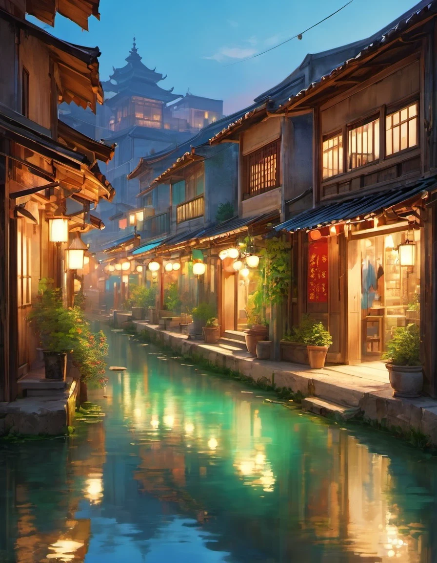 pond in evening，The narrow alleyways are filled with the scent of antiquity, like bookmarks left by time. Under the glow of neon lights, the ancient shops emit a unique charm, outlining the grandeur of the olden days