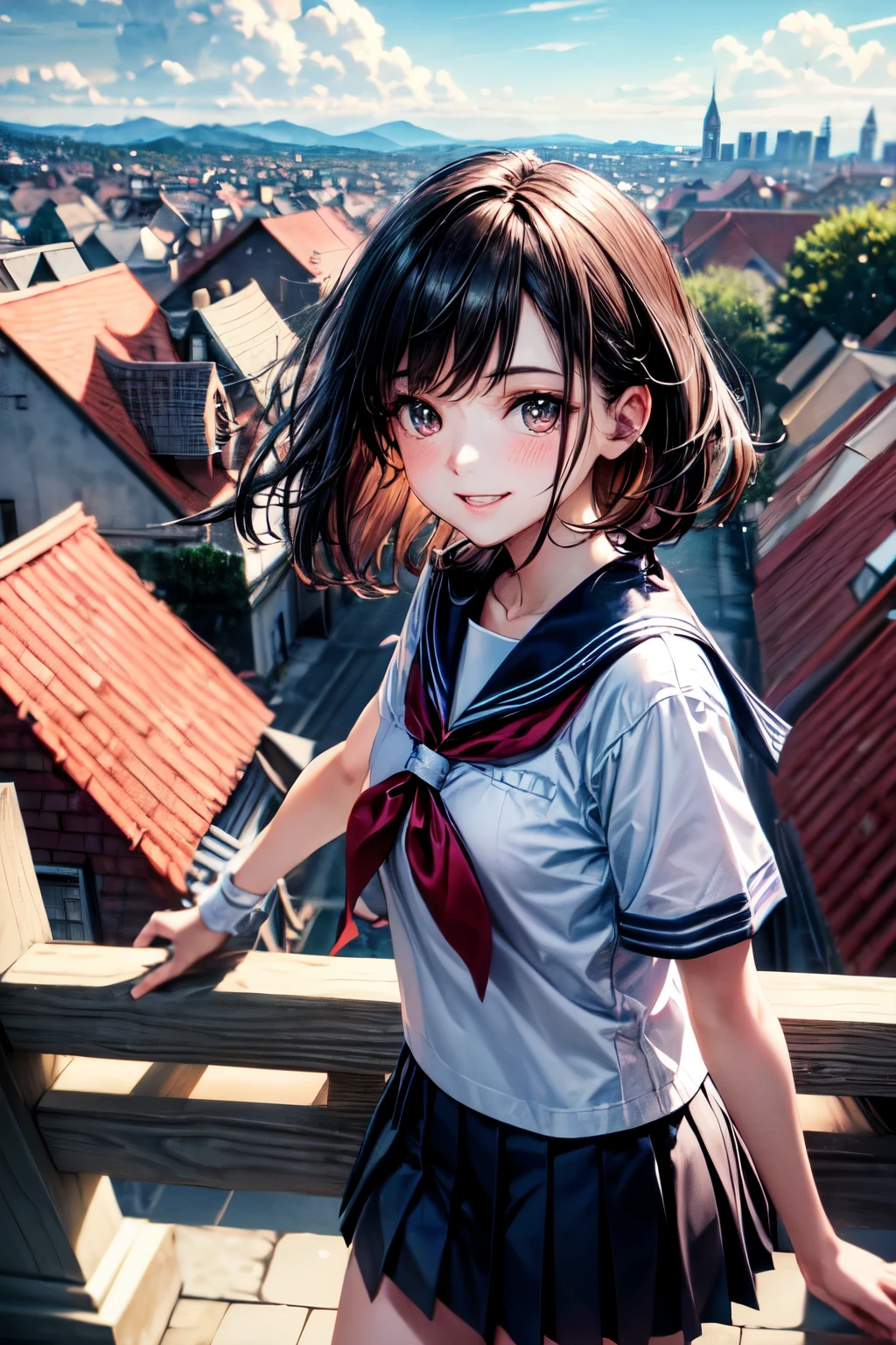 very cute and beautiful girl,(highly detailed beautiful face),
(smile),black hair,(sailor ,pleated navy blue mini skirt),stylish pose,looking at viewer,
many european houses with red roof,(town overview:1.2),
(best quality,masterpiece:1.0),absurdres,highres,ultra-detailed,extremely detailed,32k,8k resolution,
intricate details,cinematic scene,detailed background,solo,dynamic angle,
solo,hair fluttering in the wind,beautiful detailed sky,