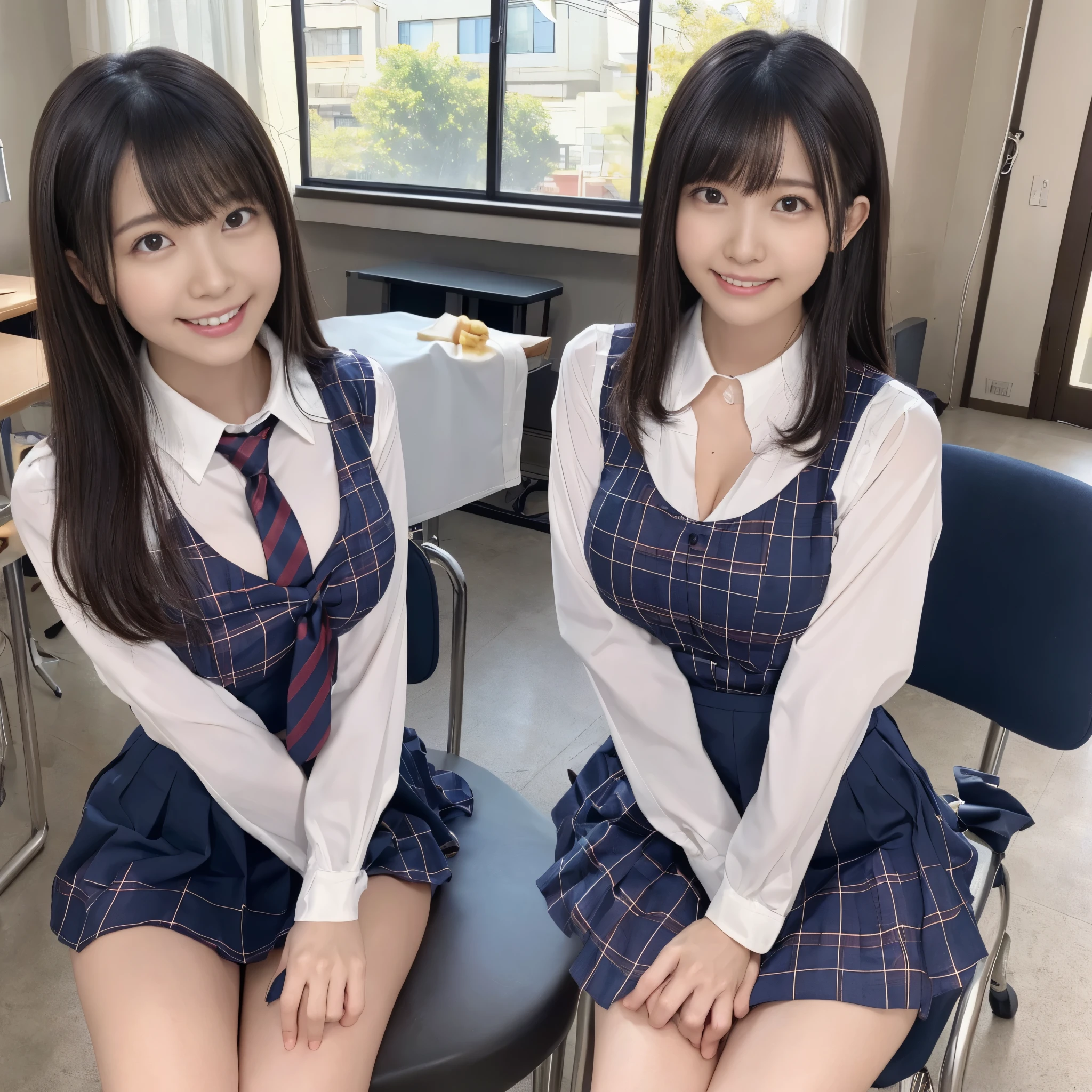 (black hair、school uniform、、short dress shirt、tie、sleeveless、summer clothes、Looking at me with a big smile、Navel exposed、beautiful teeth alignment、Are standing、underitting on a chair in a school classroom、cleavage is visible、plaid micro mini skirt、navy blue knee high socks、loafers、bra string)professional lighting、slender、adult woman、big breasts、big ass、seductive thighs、
