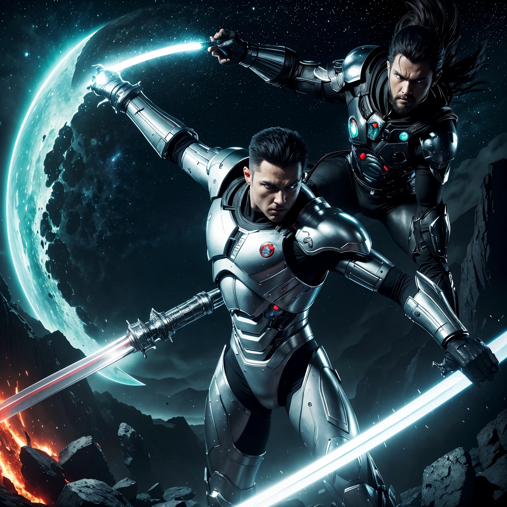 (best quality,4k,8k,highres,masterpiece:1.2),ultra-detailed,(realistic,photorealistic,photo-realistic:1.37),HDR,UHD,studio lighting,ultra-fine painting,sharp focus,physically-based rendering,extreme detail description,professional,vivid colors,bokeh,Star Warriors clash in an epic battle of good vs. evil, the hero in white wields a green energy blade, monstraoso (half cyborg, dressed all in black, wields a red crystal sword), set on a moon,landscape,horror,sci-fi,moonscape,space,colorful lights