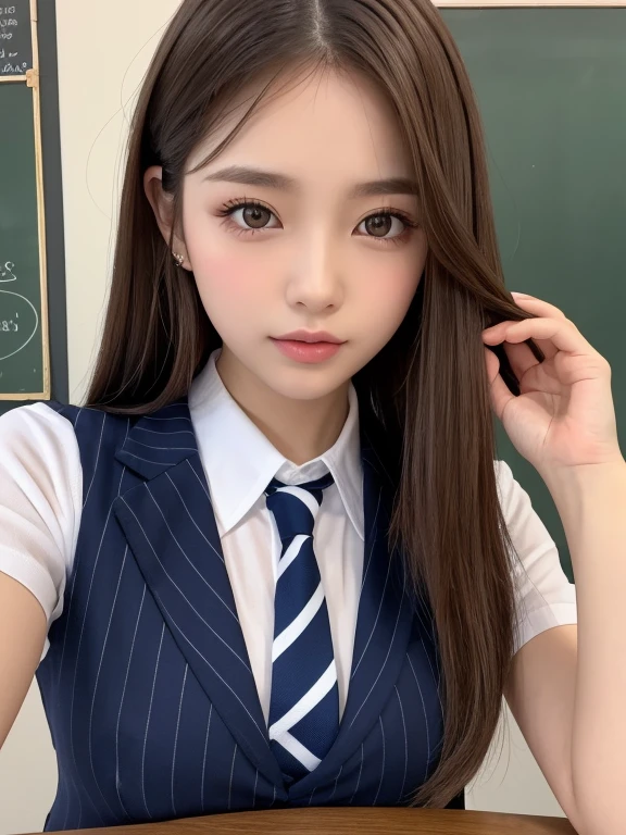 (table top:1.4, Photoreal:1.4, 8K), highest quality, masterpiece, ultra high resolution, perfect dynamic composition, big face、round face、((light brown hair, long hair, layered hair))、Highly detailed skin and facial textures:1.3, Detail of limbs, 1 girl, Cute sexy 22 year old woman, (sunburn:1.0), ((completely enchants you:0.9)), ((school uniform, white collared short sleeve shirt, Striped tie)),Medium chest, (distant eyes, beautiful eyes, brown eyes、Eyes that feel beautiful eros:0.85), sexy face:0.4, (closed mouth、small mouth、thick lips、A taste of beautiful eroticism:0.85), ((Too cute beauty:0.9))、gal makeup、((extreme close up))