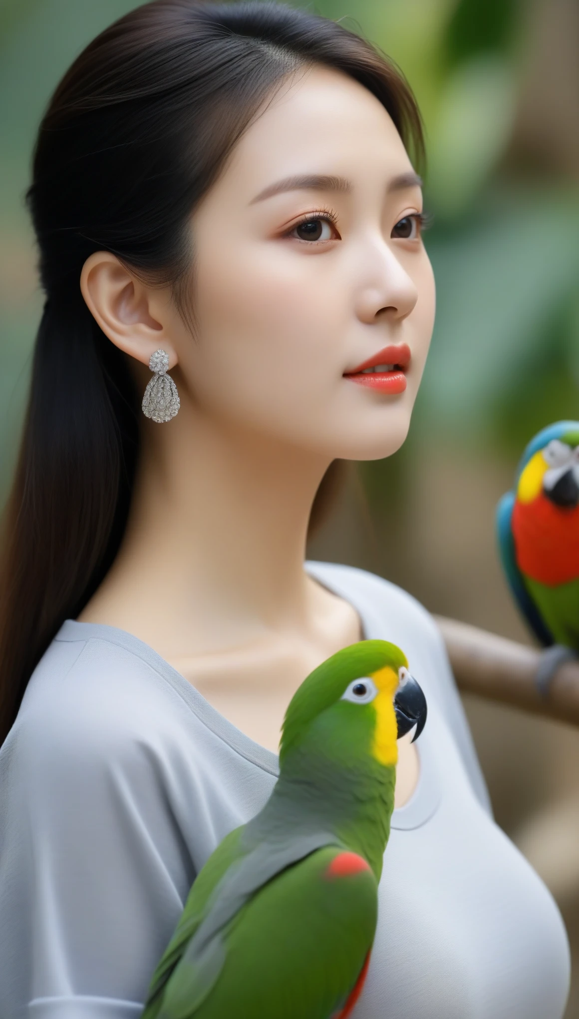 Close-up shot of beautiful korean female, 36 inch breasts size, wearing earrings, rolled sleeves gray pattern t-shirt, playing parrot on her shoulder, in the zoo, UHD