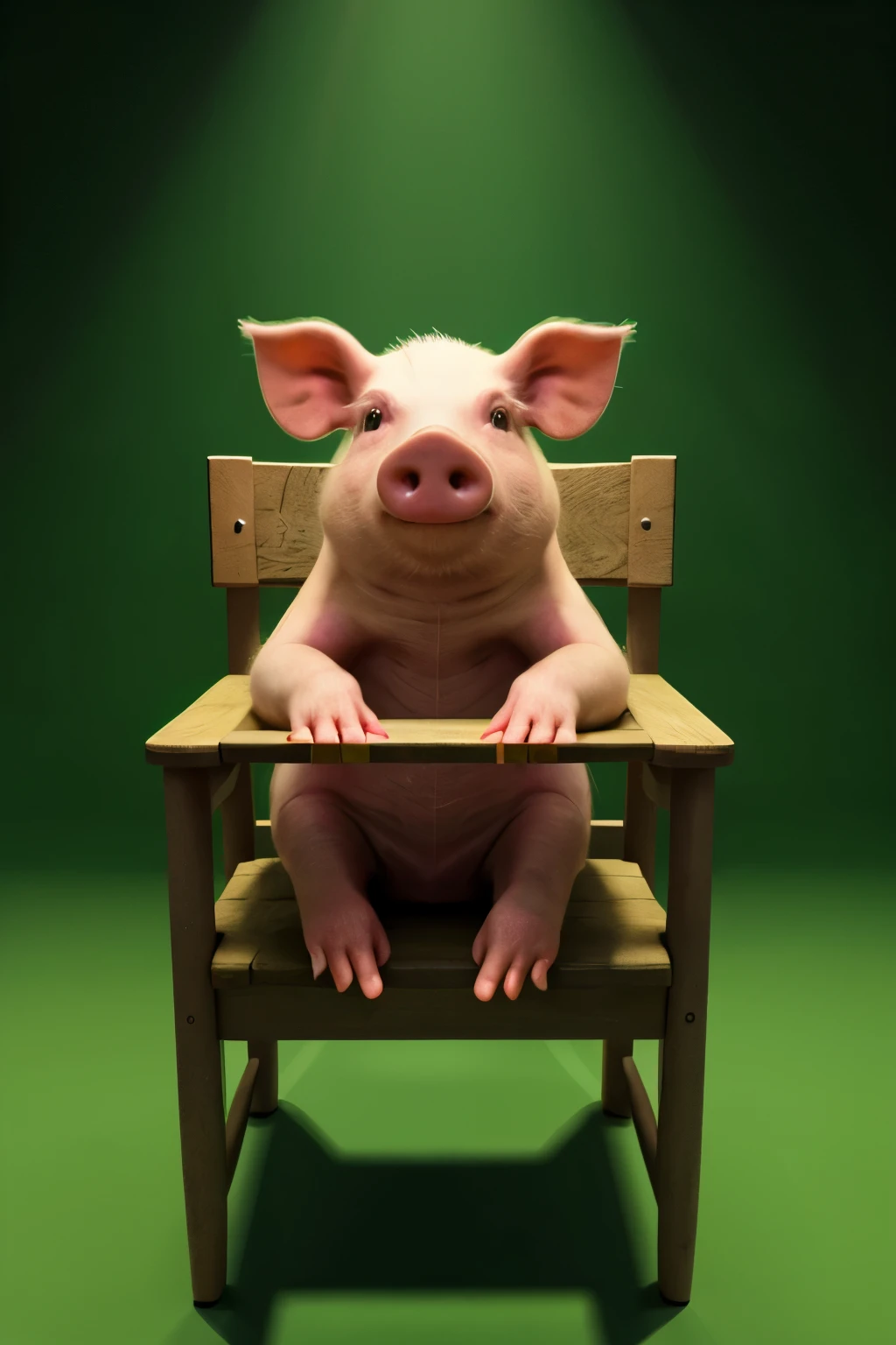 A pig is eating,sit in chair,Show a happy expression,green background,movie lighting