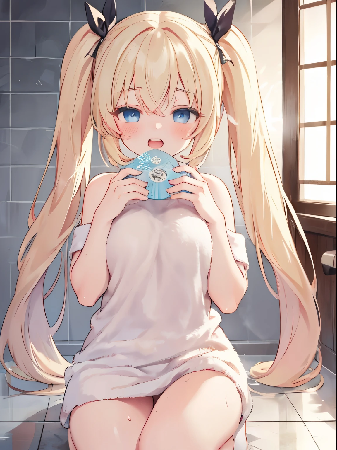 (best quality,4k,very detailed),cute girl,light blond hair,blue eyes,very long twin tails,laughing,double teeth,closed eyes,looking at viewer,lens flare, sauna, Bath towel wrapped around body, Sweating, Fan your face with your hands