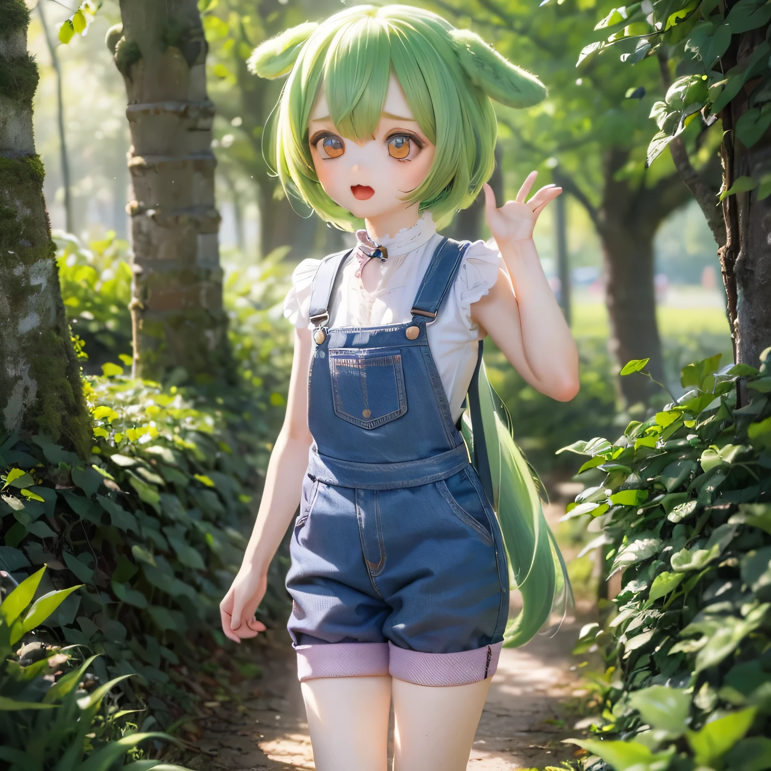 (a girl in a garden),(illustration),(detailed flowers and trees),(best quality,ultra-detailed,highres),(vivid colors),(soft sunlight),(smug face),(((((chibi))))),(green hair),(open mouth),(white blouse),(green color Bugy overalls)Zundamon's hairstyle full body