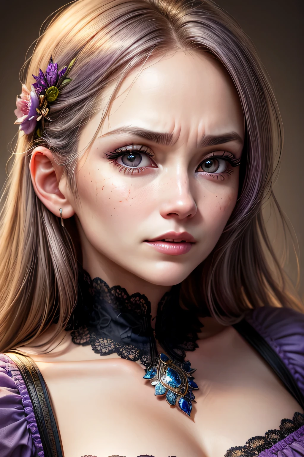 The bright eyes of a very beautiful princess, Portrait of a 35 year old mature woman, serious expression, rage, Super realistic, Super detailed, Dynamic facial expressions, big natural breasts, pastel purple dress, detailed and beautiful eyes,beautiful detailed lips,highly detailed eyes and face,long eyelashes, detailed face, masterpiece, 最high quality, high quality, High resolution, (((close up of face)))､sexy