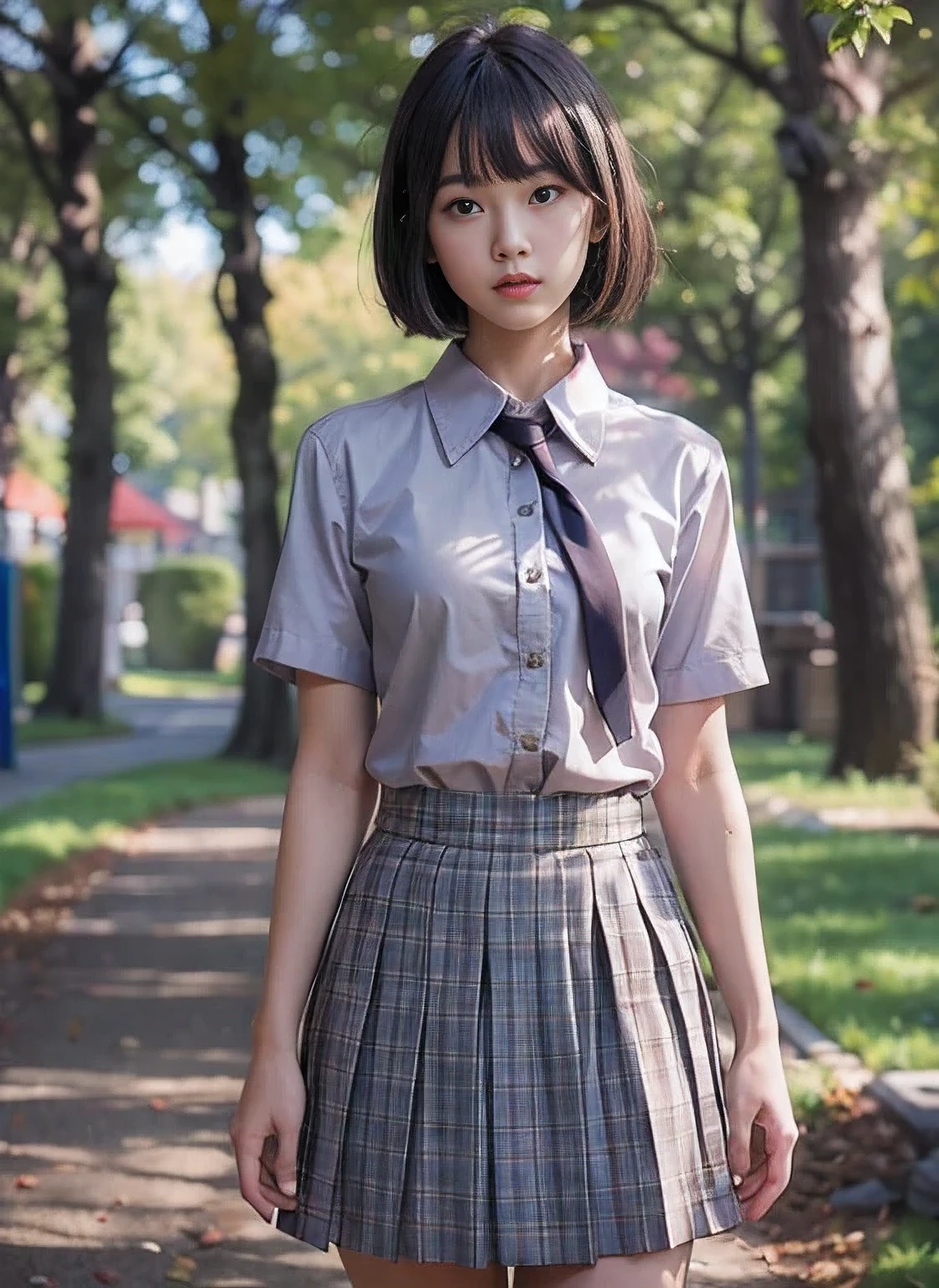 Lakeside park where sunlight filters through the trees, (school uniform, shirt, skirt), japanese girl, , slender body, flat chest, gray bob cut, highly detailed face, Extremely ultra-realistic skin, highly detailed eyes, (masterpiece, highest quality:1.2), octane rendering, (8K, UHD, ultra high resolution), Highly detailed realistic texture, professional lighting, (realistic:1.3), (Raw photo:1.2), (photorealistic:1.5)