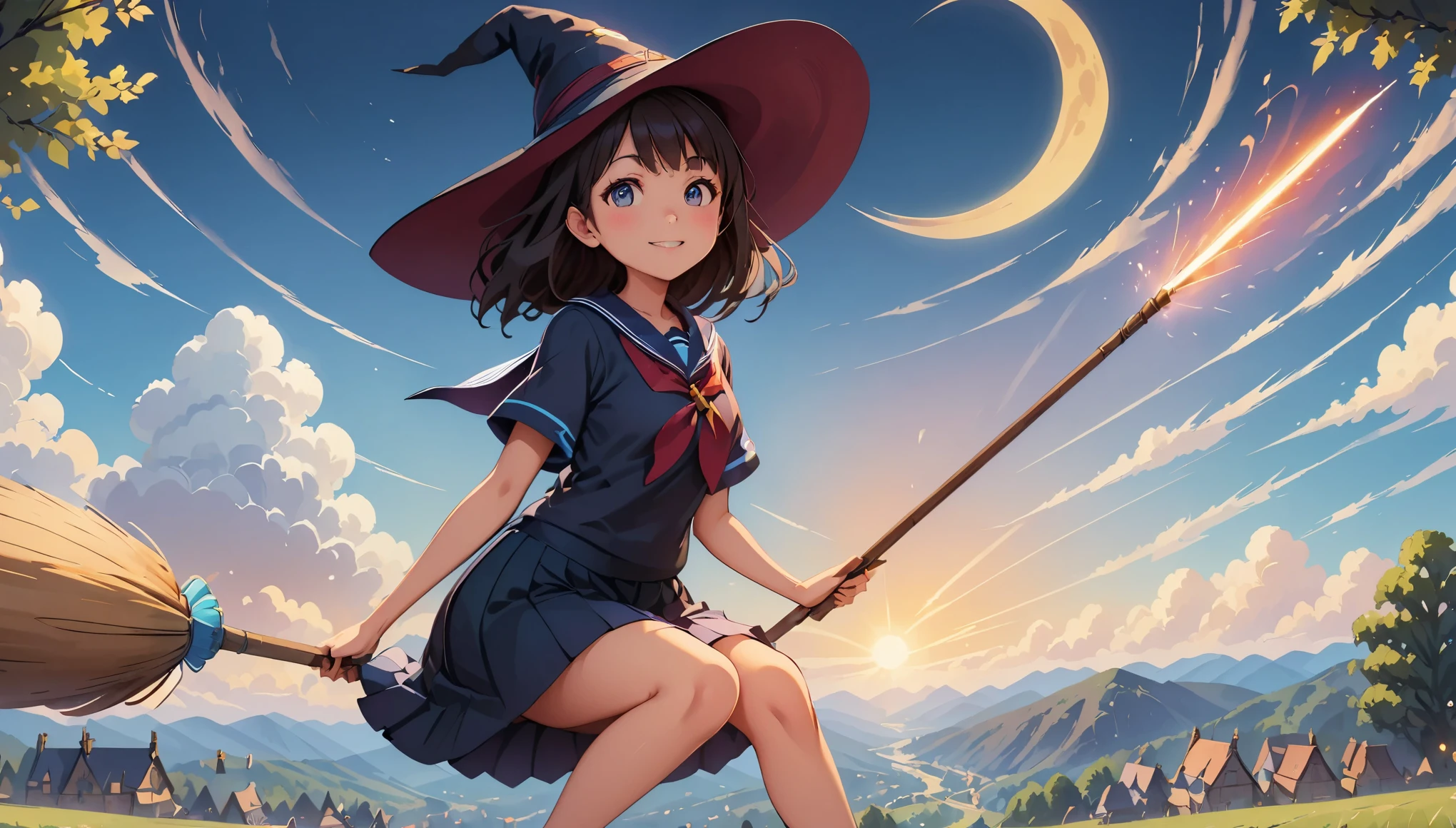 (highest quality、4K、8K、High resolution、masterpiece:1.2)、Super detailed、(anime style、photorealistic:1.37)、JKWitch、girl、((JK, sailor suit, pleated skirt)), garden、fantasy、harry potter aesthetic、colorful、enchanting atmosphere、beautiful detailed eyes、beautiful detailed lips、flowing hair、((Fly on a broom、magic glowing wand))、stars shining in the night sky、Mysterious creatures on the background、gardenに咲くヒマワリとバラ、a magic spell is being cast、 enchanting aura、enchanting smile、Delicate porcelain skin、Expressive eyes full of wonder、Aura of empowerment and confidence、Brightly colored magical sparks surrounded by swirls of magical energy、Night landscape with a crescent moon in the sky、wood々twinkling lights hanging from。