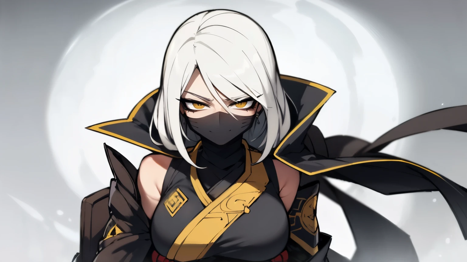 (best quality,highres),tall woman with a big bust smiling towards the camera, removing a black mask with her white hair and yellow eyes, dressed in a white ninja costume with blood stains, holding a gun crying