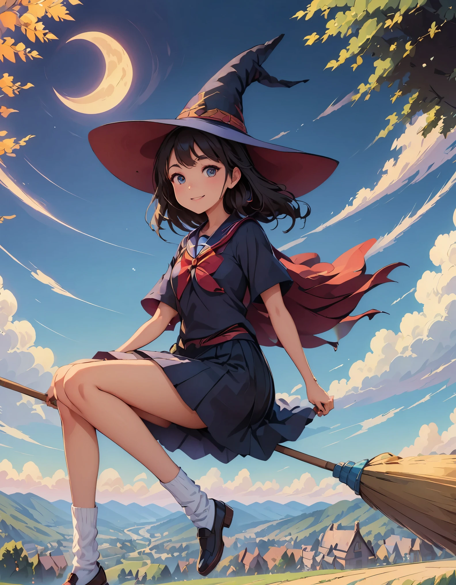 (highest quality、4K、8K、High resolution、masterpiece:1.2)、Super detailed、(anime style、photorealistic:1.37)、JKWitch、girl、((JK, sailor suit, pleated skirt, loose socks;1.2)), garden、fantasy、harry potter aesthetic、colorful、enchanting atmosphere、beautiful detailed eyes、beautiful detailed lips、flowing hair、((Fly on a broom、magic glowing wand))、stars shining in the night sky、 Mysterious creatures on the background、gardenに咲くヒマワリとバラ、a magic spell is being cast、 enchanting aura、enchanting smile、Delicate porcelain skin、Expressive eyes full of wonder、Aura of empowerment and confidence、Brightly colored magical sparks surrounded by swirls of magical energy、Night landscape with a crescent moon in the sky、wood々twinkling lights hanging from。