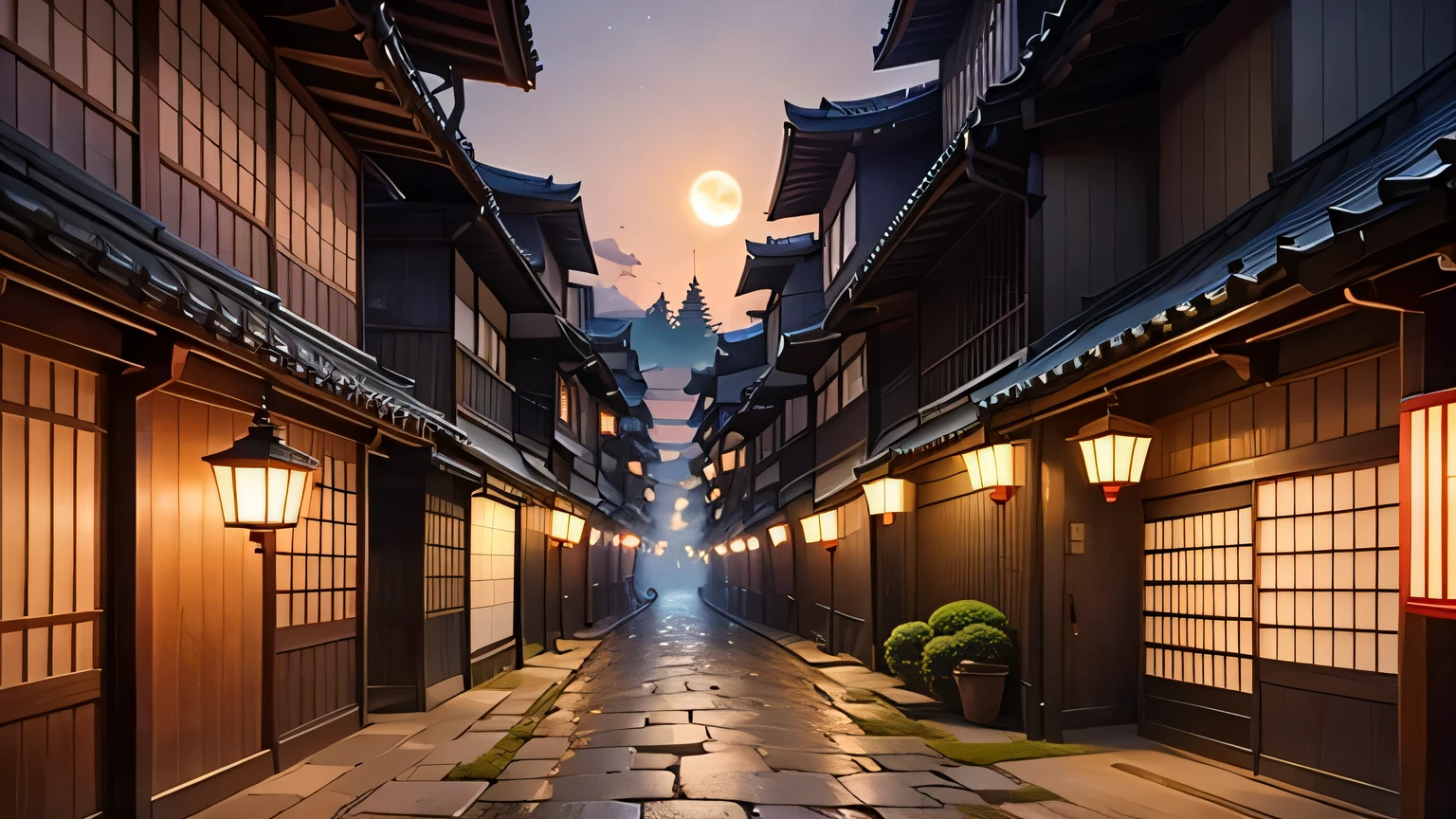 Back alley with buildings and red lanterns, Kyoto cityscape, Japanese cities, Japanese street, japanese village, Beautiful depiction of moss and stone platform, old asian village, Japan&#39;s night town, anime background art,  awesome wallpaper, beautiful digital paintings, street japanese,narrow alley、night,moon,green harmony,big sun,