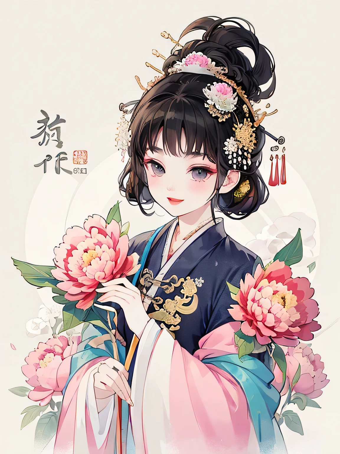 A cheerful elegant 16 years old ancient Chinese beauty, wearing ancient Chinese clothing, pastel-colored clothes, hand holding fan, lazy pose, flowing tulle, light bright color silk, big peony leaf, peony flower, ink painting style, clean color, decisive cut, blank space, masterpiece, super detailed , epic composition, bright background