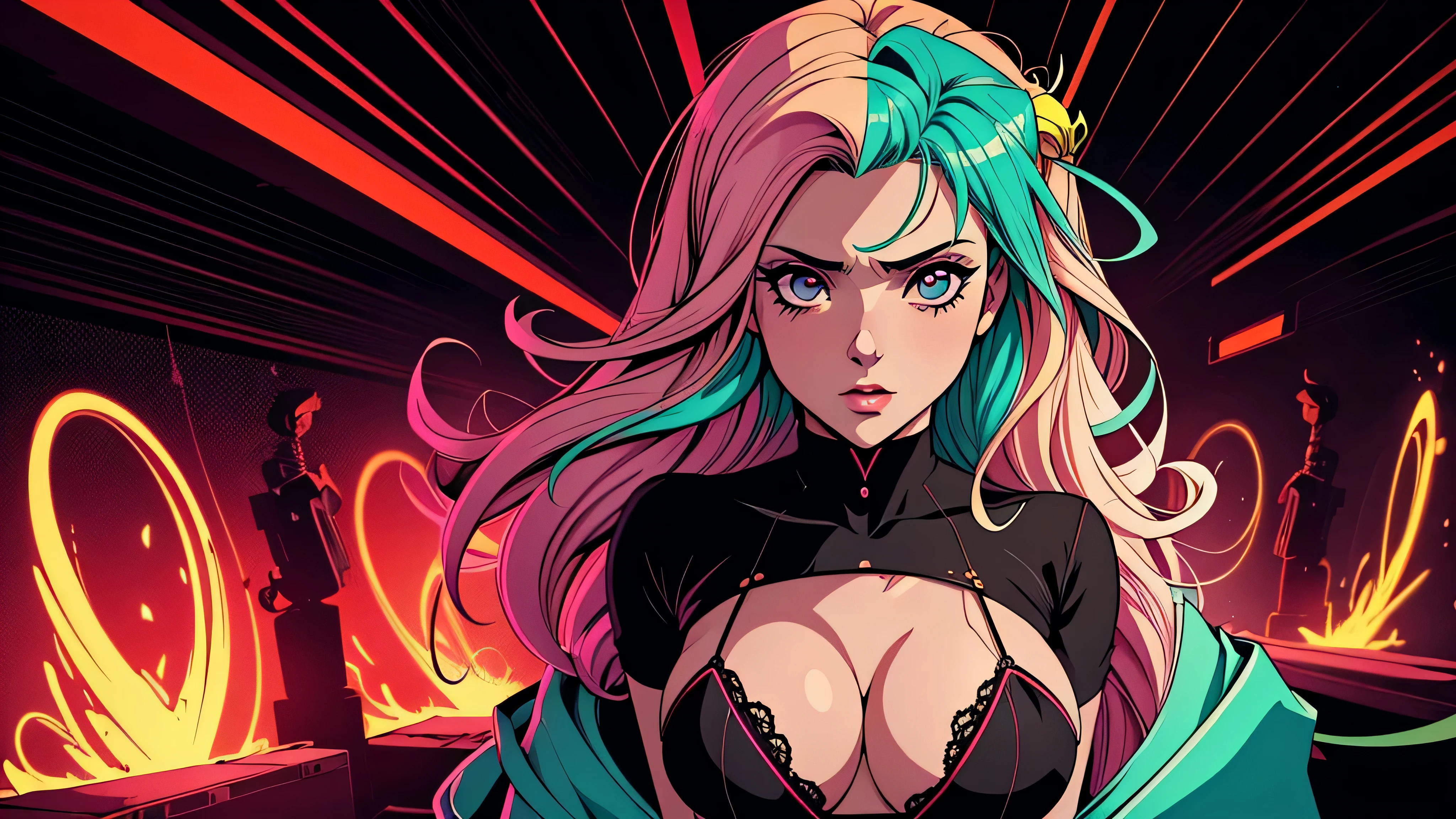 garota de anime, mostrando corpo inteiro, seios enormes, ta, sensual, fumando, Capa do álbum Anime Phonk Brain Sick, musica, ondas sonoras, com cores vermelho e preto neon
