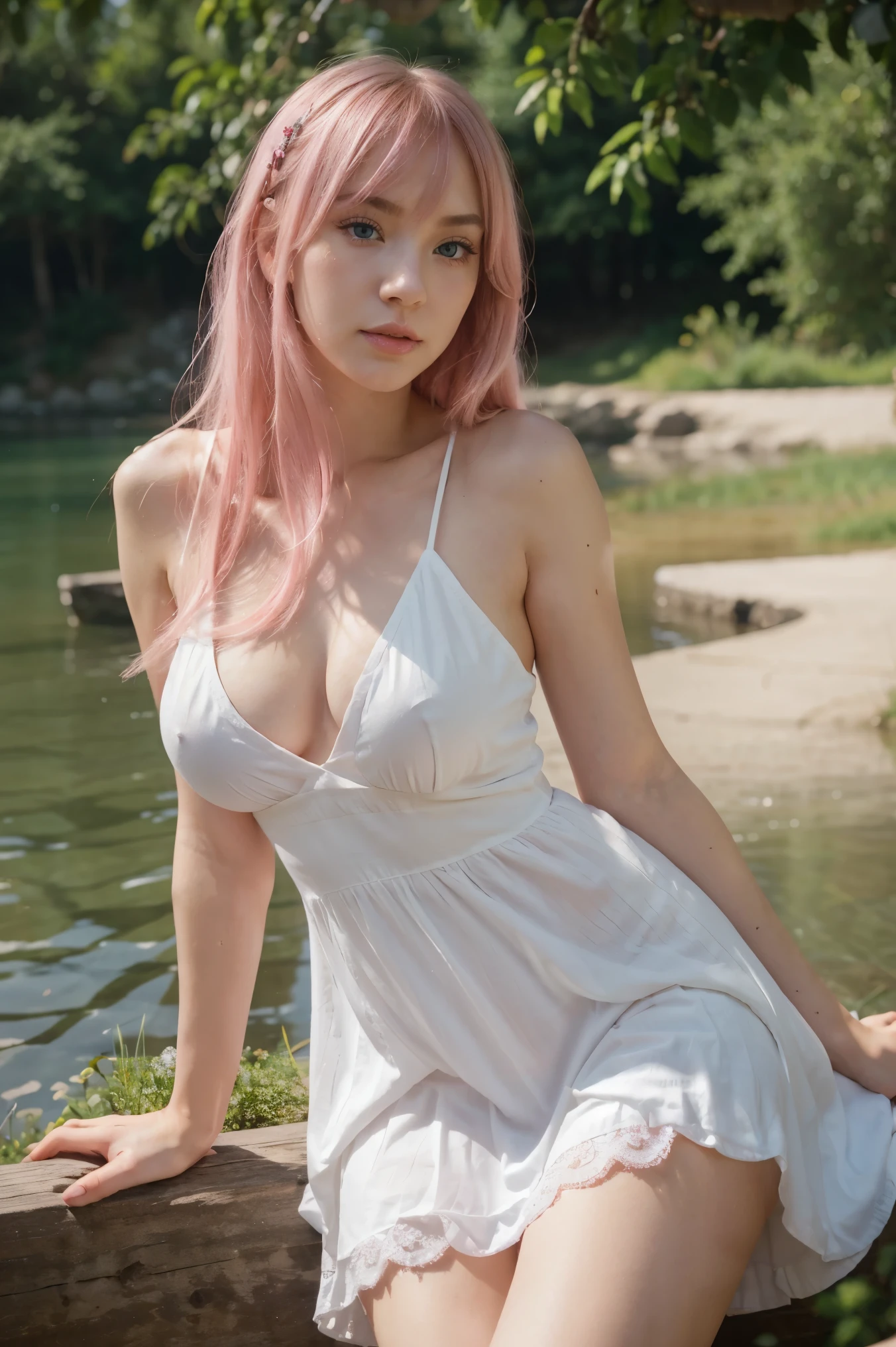 Beautiful caucasian girl, asian girl eyes, soft asian eyes, egirl style, beautiful face, beautiful pale skin, clean skin, pink hair with bangs, long pink hair, round blue eyes, charming beautiful blue eyes, defined eyebrows, dark eye liner, dark eyelashes, soft skin, cute nose, soft smile, red sexy lips, egirl makeup, cute face, flirty look, mesmerizing look, fit body, medium breasts, small waist, pink style, wearing white sundress, sundress with lace details, sexy dress, at a lake, beautiful legs, best lighting, natural light, best quality, best colors, ultra realism, highly detailed, 4k