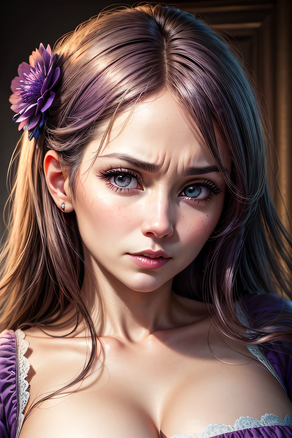 The bright eyes of a very beautiful princess, Portrait of a 35 year old mature woman, serious expression, rage, Super realistic, Super detailed, Dynamic facial expressions, big natural breasts, pastel purple dress, detailed and beautiful eyes,beautiful detailed lips,highly detailed eyes and face,long eyelashes, detailed face, masterpiece, 最high quality, high quality, High resolution, (((close up of face)))、sexy