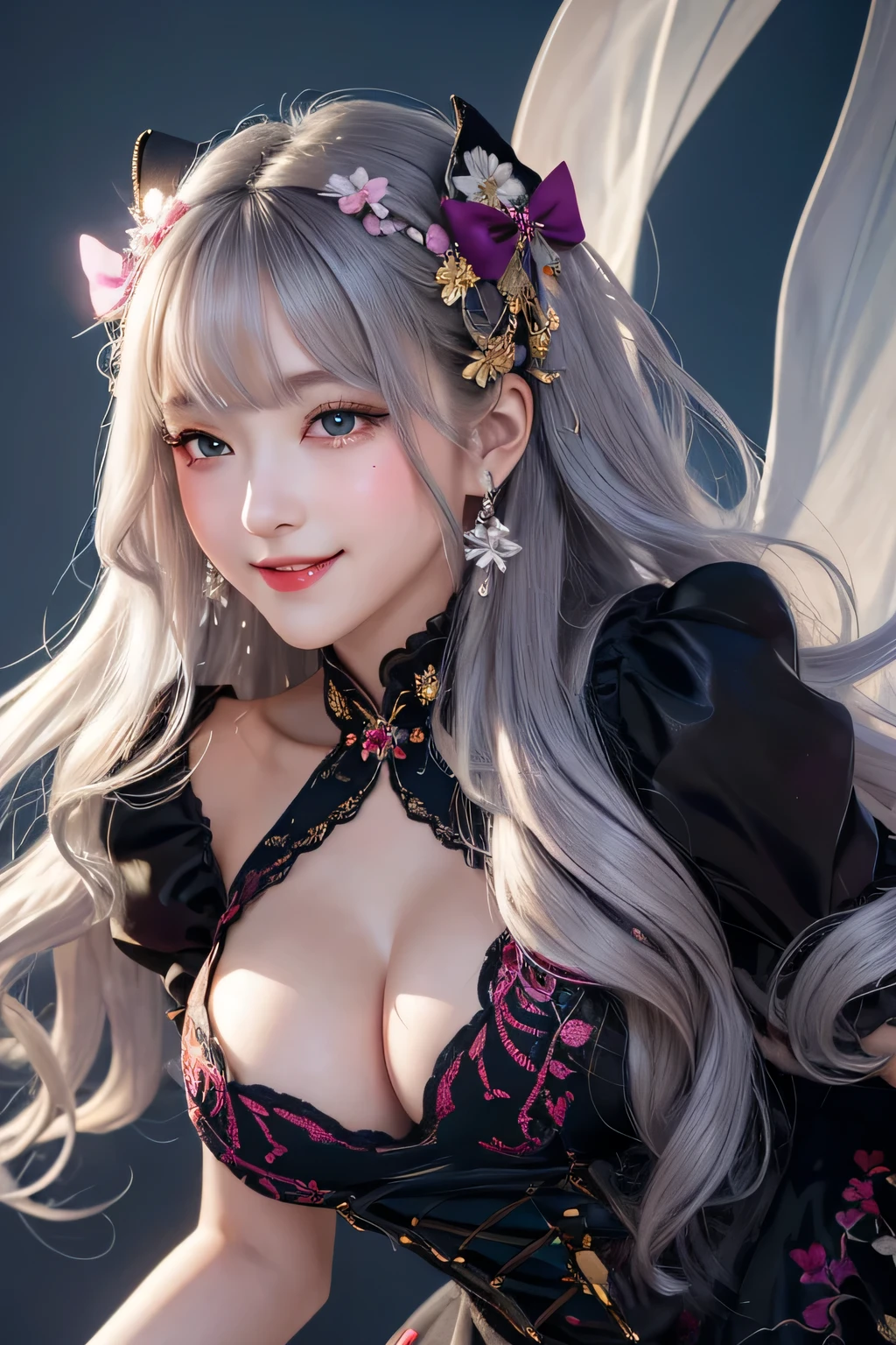 (masterpiece, best quality:1.2),a beautiful girl，Skin detail processing，The eyes are finely described，Delicate hair，wavy long hair，Long light hair，Wear a large bow on your head，Black Sweater，white dots，skirt，Retro contrasting colors、（purple、yellow）、fantasy creature, elaborate details, painting,Loose and fluffy、long curled silver hair、black dress、dutch angle,good anatomy,dynamic pose, action pose, open pose, dynamic angle,(Evere_shy smile:1.2),、Art Nouveau fashion embroidery、intricate details、horny girl, cute type、Transparent blood vessels、very delicate face,soft clean focus, analog 150mm lens、Beautiful natural soft rim light、 (very delicate and beautiful art)1.3, It&#39;s elegant, (pastel colors)1.2,clean background
