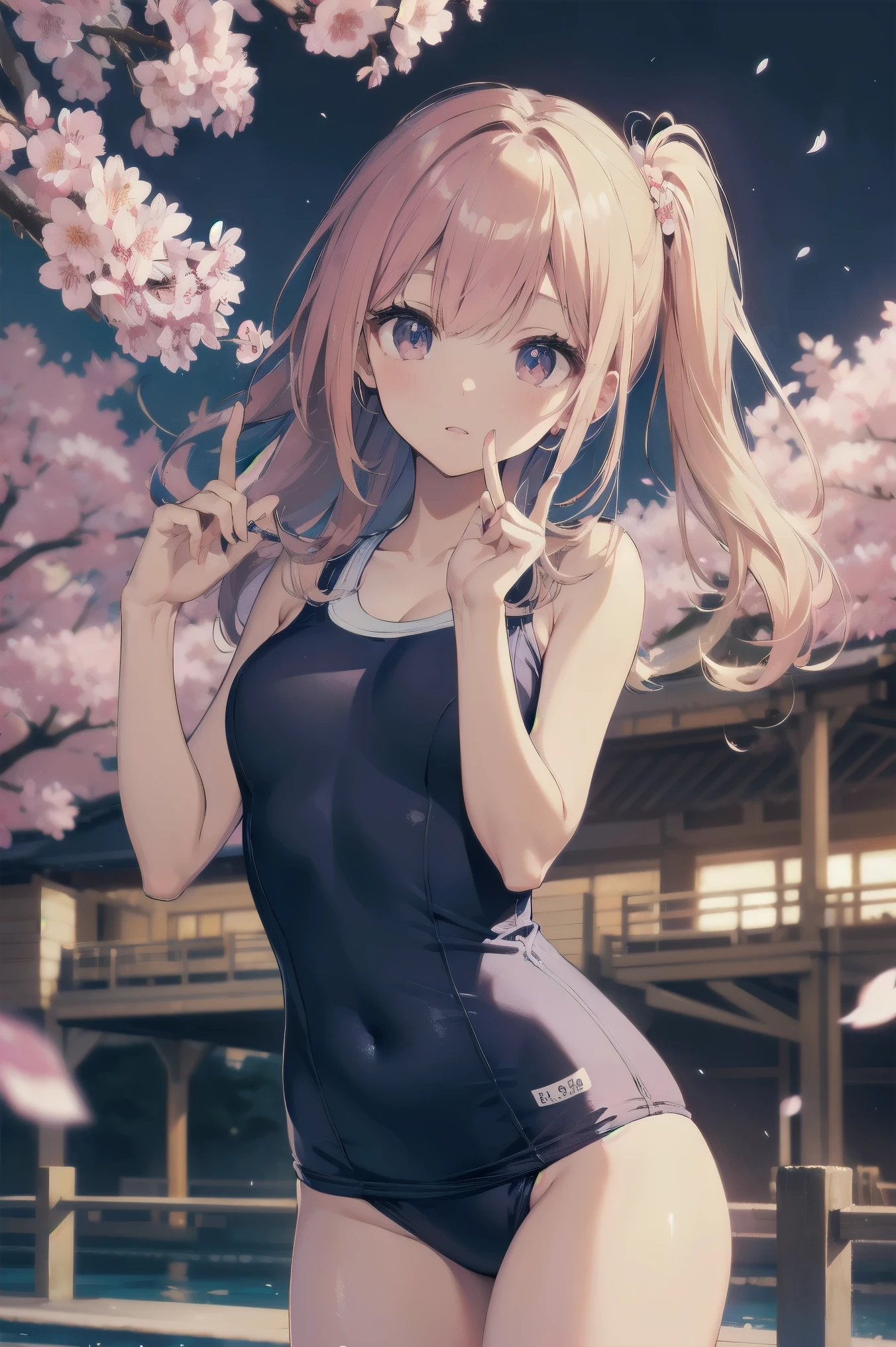 High quality、highest quality、complete limbs、Ultra high definition、full finger、drooping eyes、slender beauty、older sister、Wearing an all-pink school swimsuit、surprised、Cherry blossoms at night