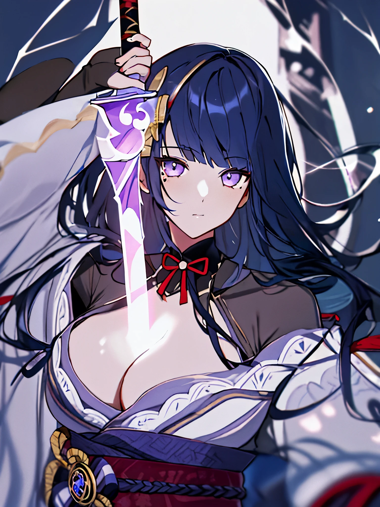 ridiculous resolution, High resolution, (masterpiece: 1.4), Ultra-detailed, Raiden_shogun is pulling a blade from her chest