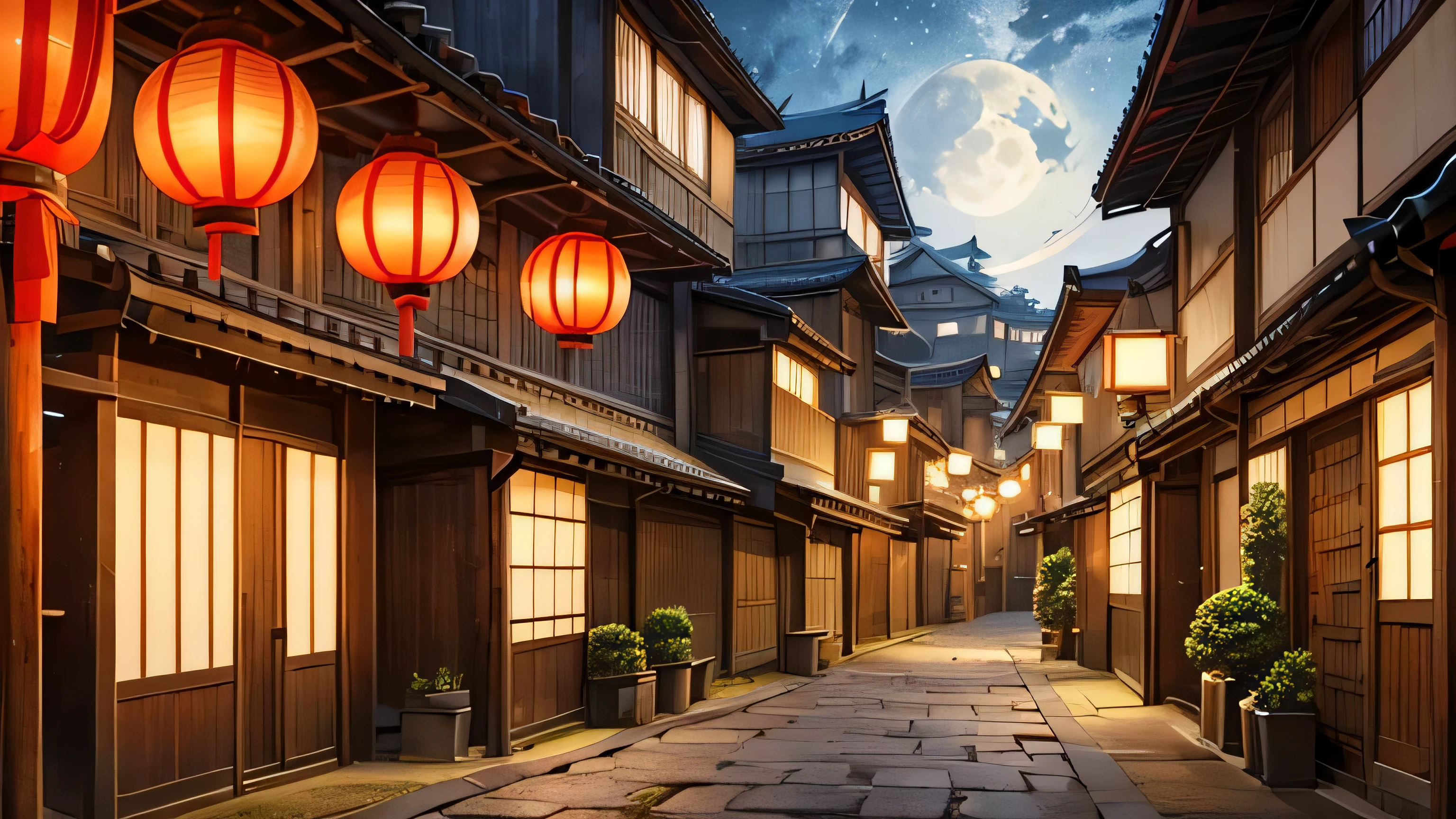 Back alley with buildings and red lanterns, Kyoto cityscape, Japanese cities, Japanese street, japanese village, Beautiful depiction of moss and stone platform, old asian village, Japan's night town, anime background art, awesome wallpaper, beautiful digital paintings, street japanese,narrow alley、night,moon,green harmony,big sun,