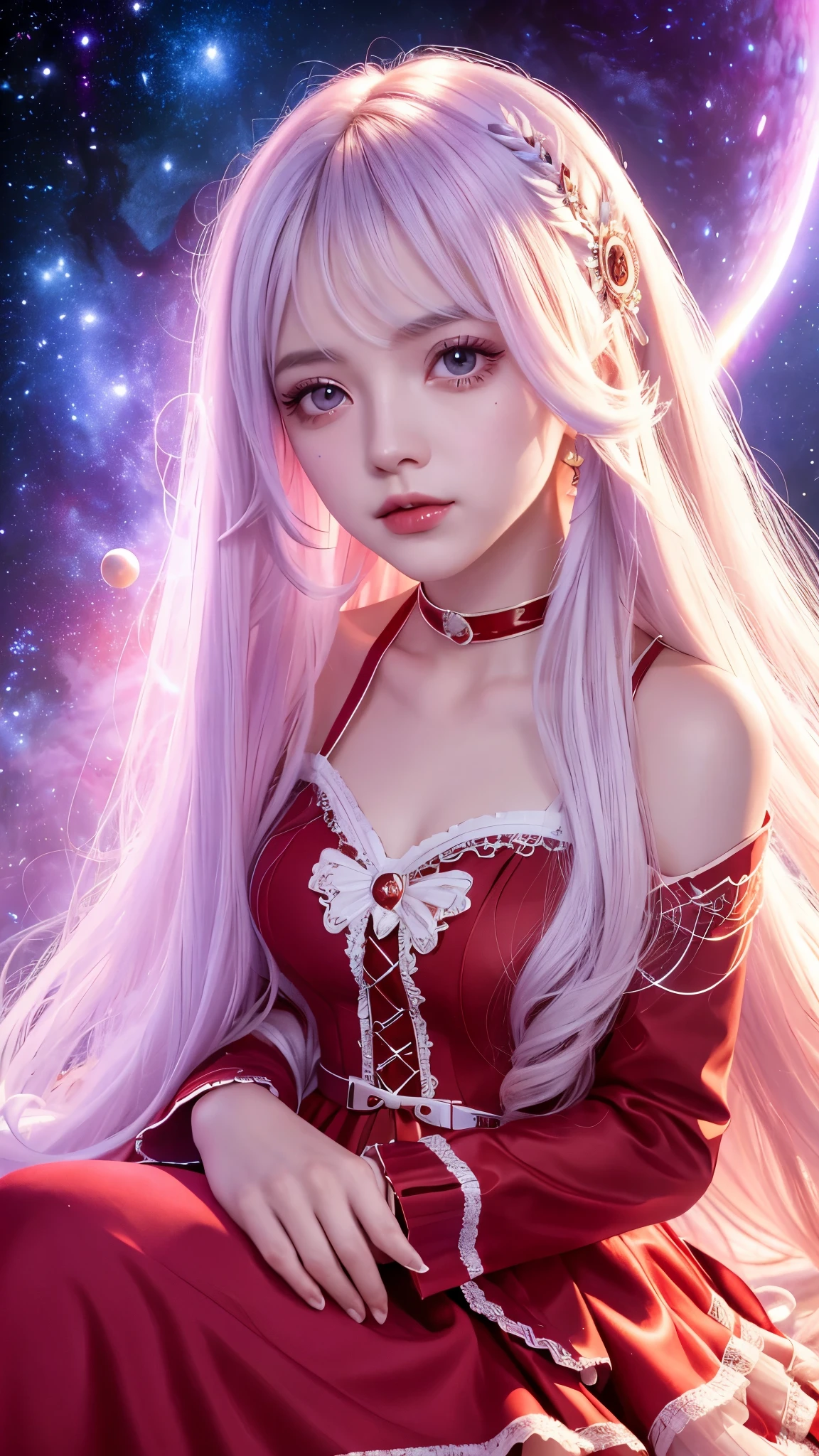 4K Ultra HD, Masterpiece, A girl with a magical aura, Good face, Long hair, shinny hair, Detailed eyes, Glossy lips, Wearing a red ta costume, The aura around the body, Magical effect, Spread white light, Cosmic elements and ethereal atmosphere, A mix of bright lights and colorful nebulae, universe background, Sitting, Full body capture.