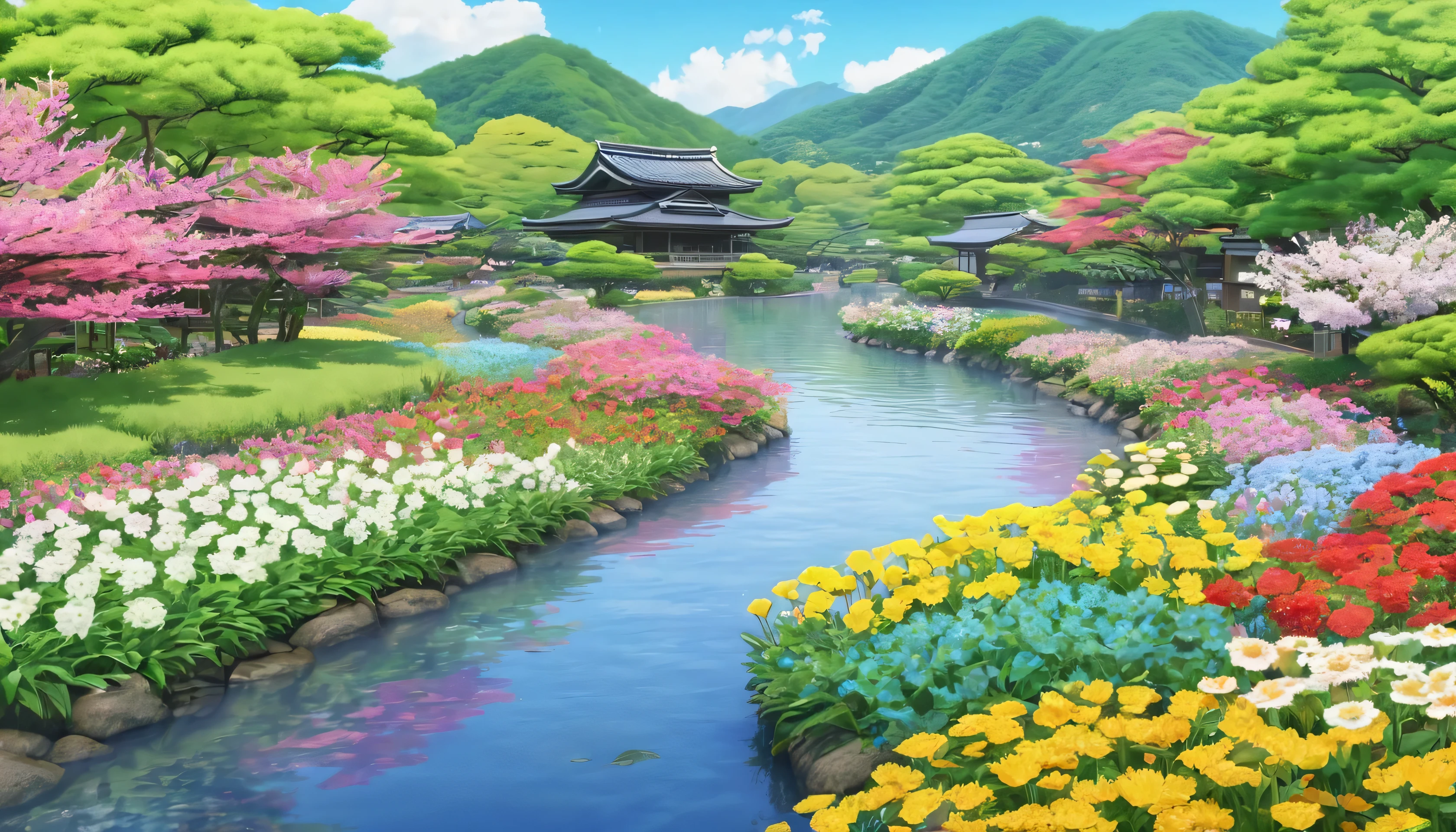Japanese river and flower garden background、Rich in nature、various flower fields、Nodoka