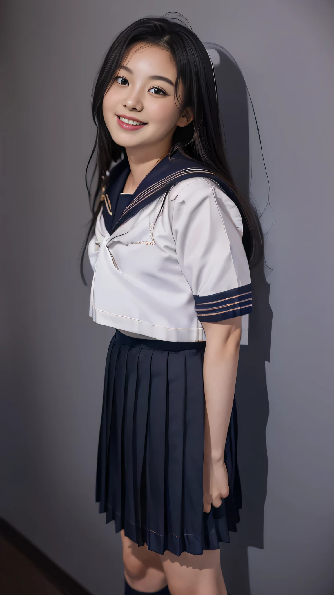 (((Innocence remains、18-year-old､my name is still)))､(hyper realism, 10, very detailed, highest quality, Super detailed, masterpiece, Super realistic, high detail, Raw photo, realistic,）((School､March、spring、admission)）,(((sailor suit, school uniform))), (((black pleated skirt))),,(((Angle from the front､looking at the camera､Standing composition)))、highest quality, (((whole body)))、(((big chest、Ｇcup)))、beautiful japanese girl,long hair、black hair、Smiling with a sexual expression,, smile with a sexual expression, chest