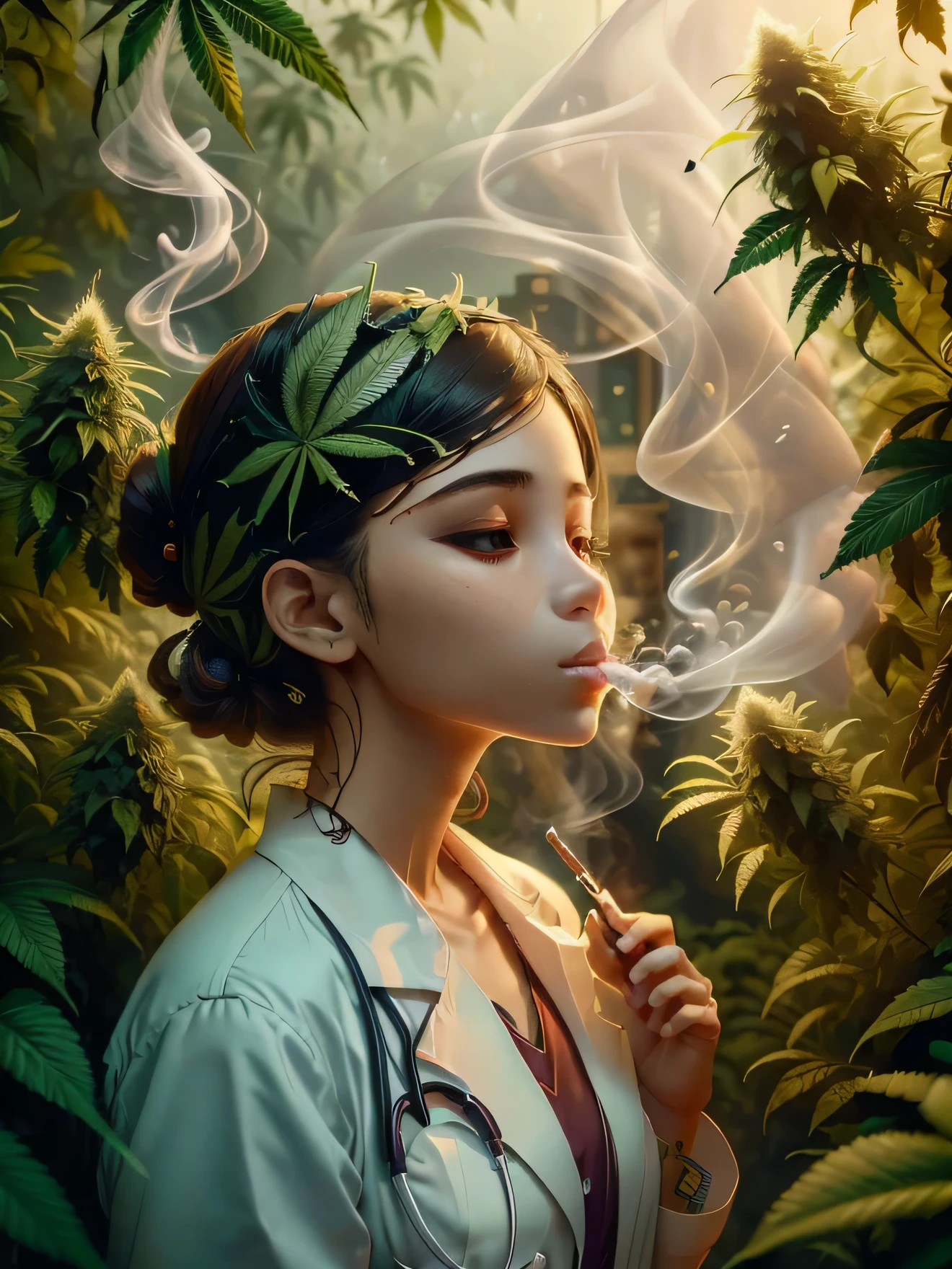 Girl in a white doctors uniform smoking canabis, on the background full of canabis leafs 