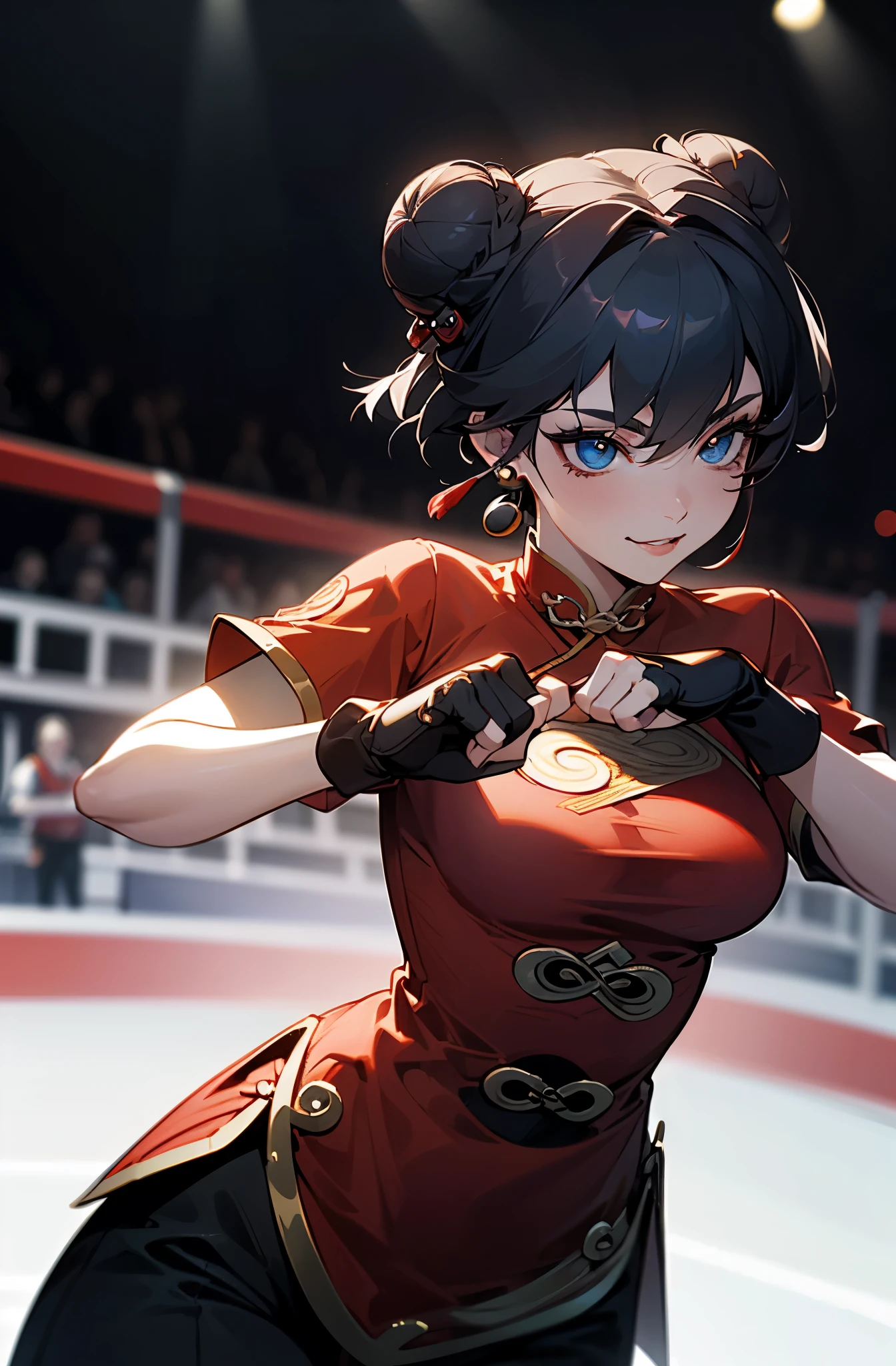 Boxing action A woman wearing a Chinese dress is boxing in the ring. The woman on the right hits the woman on the left in the cheek... The woman on the left is Akane Kurokawa〔My Favorite Child〕has his right eye closed, opening her mouth, and sweat.