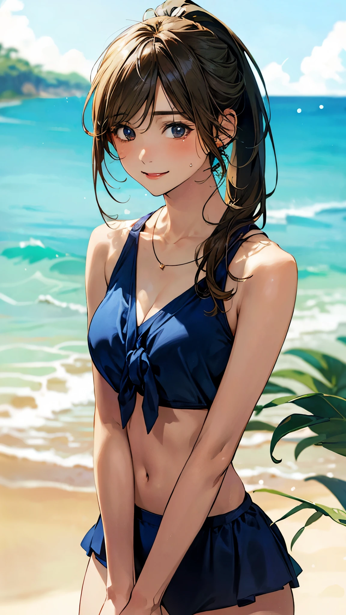 (masterpiece:1.3, top-quality, ultra high res, ultra detailed), (realistic, photorealistic:1.4), beautiful illustration, perfect lighting, natural lighting, colorful, depth of fields,
looking at viewer, (pov, close shot), 1 girl, japanese, high school girl, perfect face, cute and symmetrical face, shiny skin, tanned skin
(long hair:1.2, ponytail:1.2, blonde hair), orange eyes, (llarge breasts, seductive thighs), thighs,
beautiful hair, beautiful face, beautiful detailed eyes, beautiful clavicle, beautiful body, beautiful chest, beautiful thigh, beautiful legs, beautiful fingers,
((navy bikini)), necklace,
(beautiful scenery), evening, (tropical beaches), standing, (lovely smile, upper eyes),