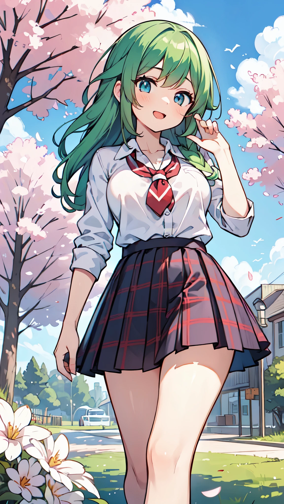 ((A Pretty High School girl with green hair and blue eyes)), ((wearing white collar shirt and plaid skirt)), , ((master piece, top-quality, ultra-definition, high resolution)), anime girl, ((ultra-detailed illust:1.2)), only one person, bangs, hair between eye, beautiful hair, Beautiful eyes, Medium breasts, Big smile, opened mouth, cherry trees, schoolyard, ((raise a hand))