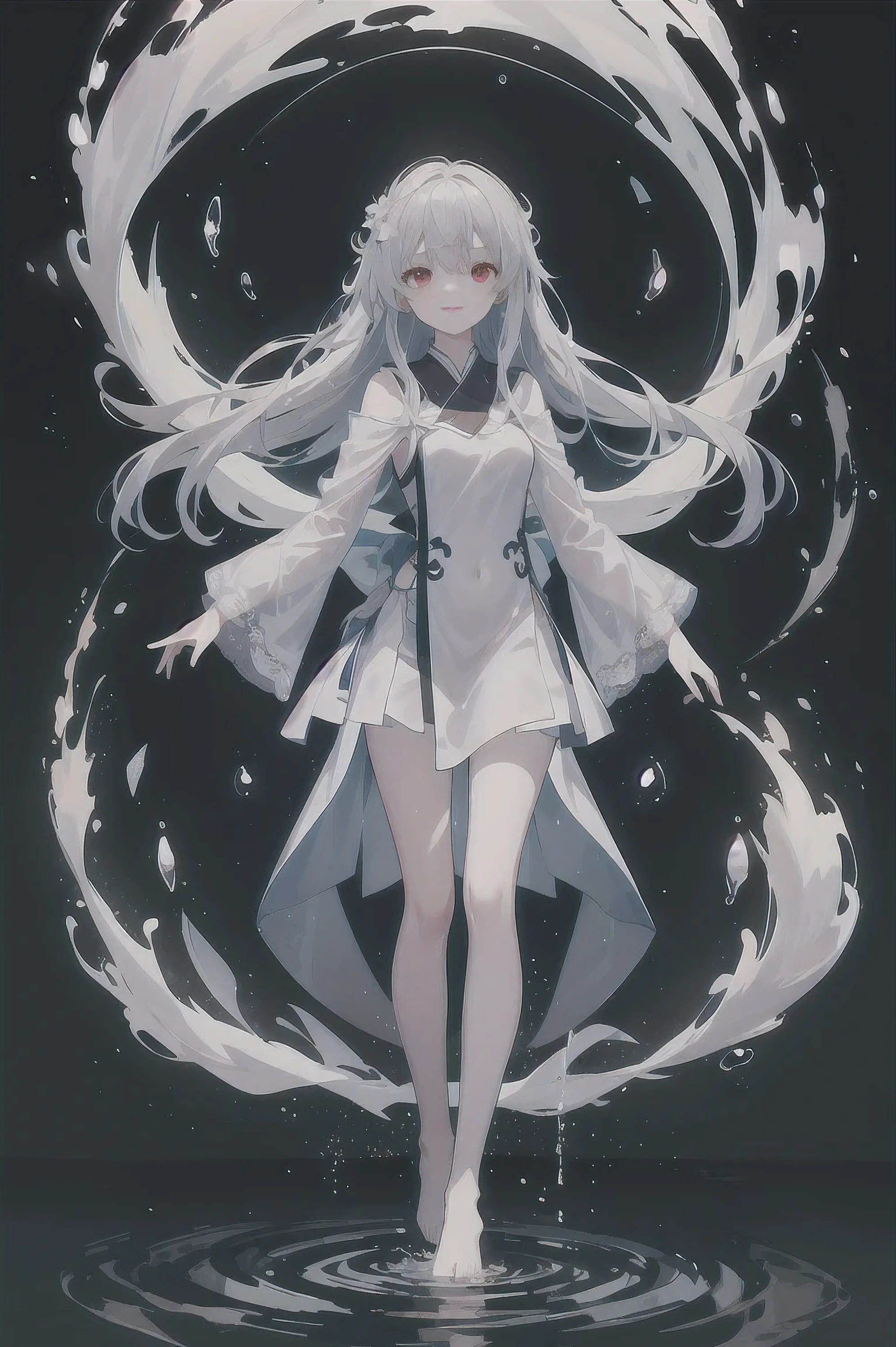 Dreamy and beautiful moonlight in the dark forest。View of a 15-year-old girl from above。(wet silver hair and red eyes)。smile slightly。She wore only a long transparent white cloth with beautiful lace trim。Soak the cloth in water。(splashing in the dark forest lake at night)。(Hair or clothes are wet)。splash。Wet strands of hair。dripping water drops。Fantasy fireflies float in the air、Light also reflects from water。near method and far method。glitter effects。Dynamic composition with depth。extremely high quality、High level of image quality、extremely delicate。Rare workmanship，round,Room, firm breasts），barefoot，float，water surface，（long legs，long legs，long legs，Gestalt），full-body shot。standing posture
