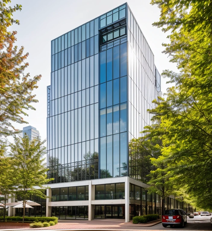 exterior of highrise hotel building, contemporary style, inspired of Norman Forster, glass with steel frame facade, 5 stars hotel design, beautiful landscape, stone pavement,cars, RAW photo, 8k uhd, dslr, soft lighting, high quality, film grain, Fujifilm XT3,masterpiece,