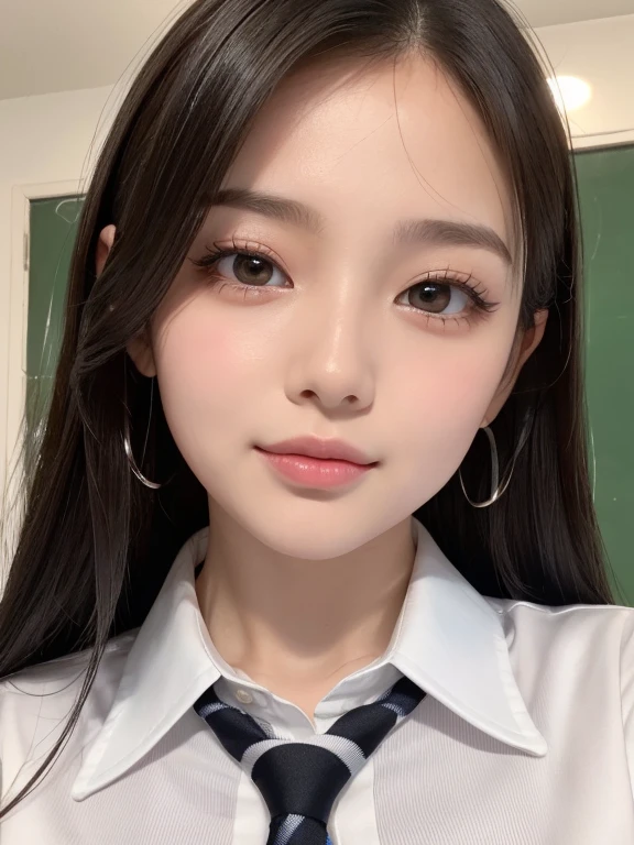 (table top:1.4, Photoreal:1.4, 8K), highest quality, masterpiece, ultra high resolution, perfect dynamic composition, big face、round face、((black hair, long hair, curl inside hair))、Highly detailed skin and facial textures:1.3, Detail of limbs, 1 girl, Cute sexy 22 year old woman, (sunburn:1.2), ((completely enchants you:0.9)), ((school uniform, white collared short sleeve shirt, Striped tie)),Medium chest, (distant eyes, beautiful eyes, brown eyes、Eyes that feel beautiful eros:0.85), sexy face:0.4, (closed mouth、small mouth、thick lips、A taste of beautiful eroticism:0.85), ((Too cute beauty:0.9))、gal makeup、((extreme close up))