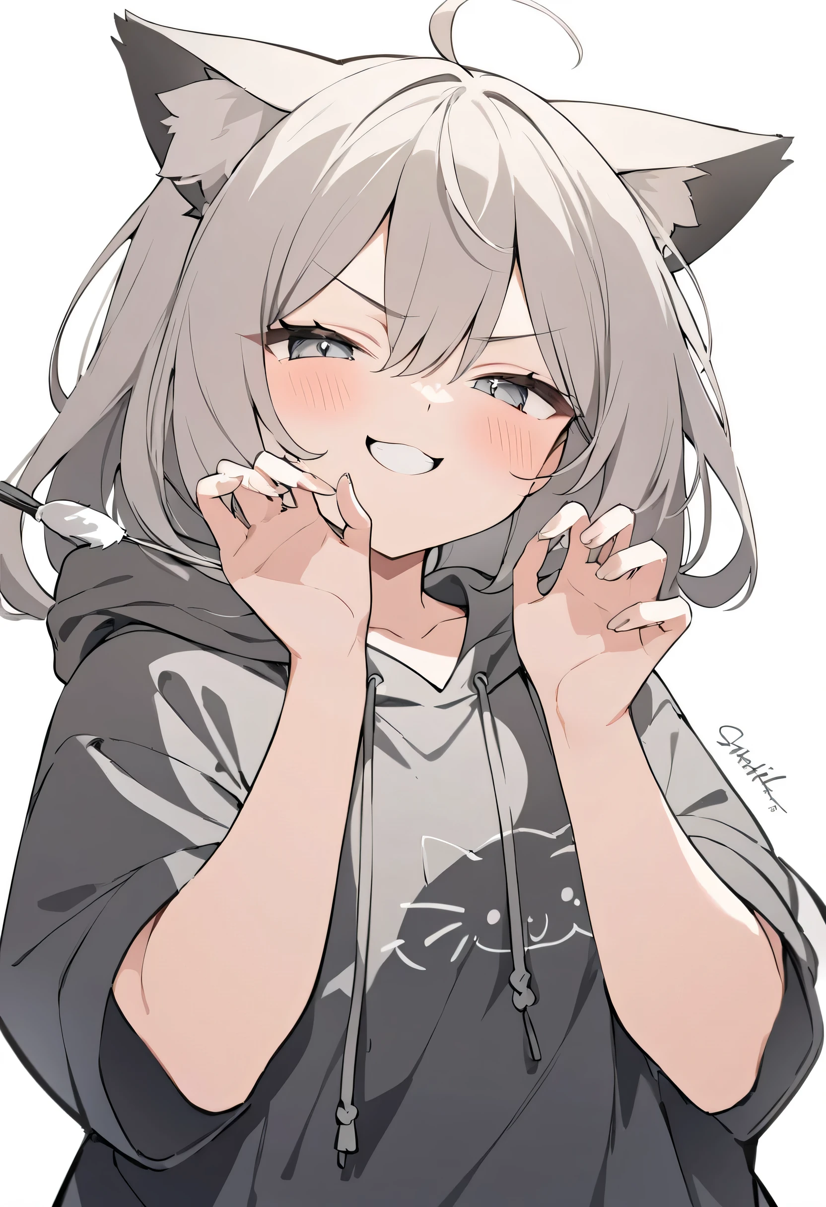 1girl, best quality, short sleeves, hands up, white background, upper body, looking at viewer, v-shaped eyebrows, signature, monochrome, blush, cat ears, straight-on, graphite (medium), shikishi, hair between eyes, upper teeth only, drawstring, smile, hood, half-closed eyes, teeth, sketch, parted lips, hoodie, fake animal ears, cat teaser, artist name, long hair, blush stickers, greyscale, swept bangs, animal ears, collarbone, claw pose, :3, solo, hood down, grin, animal ear fluff, print hoodie, clothes writing, simple background,
masterpiece, newest, absurdres, safe