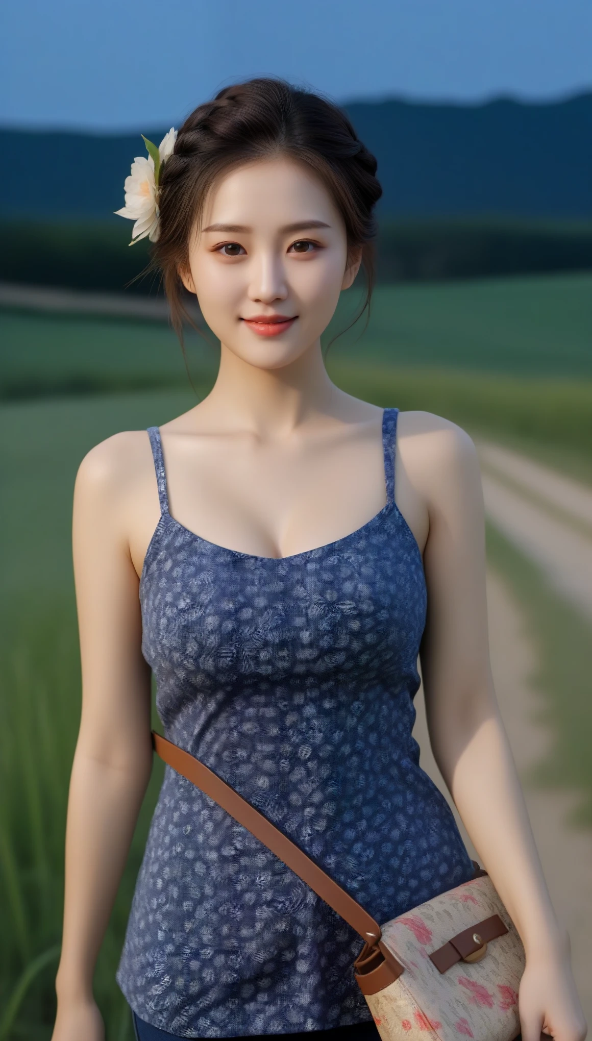 Close-up shot of beautiful korean female, 36 inch breasts size, french braid, slightly smile, floral tank top, carry mini bag, walking in countryside, night, UHD