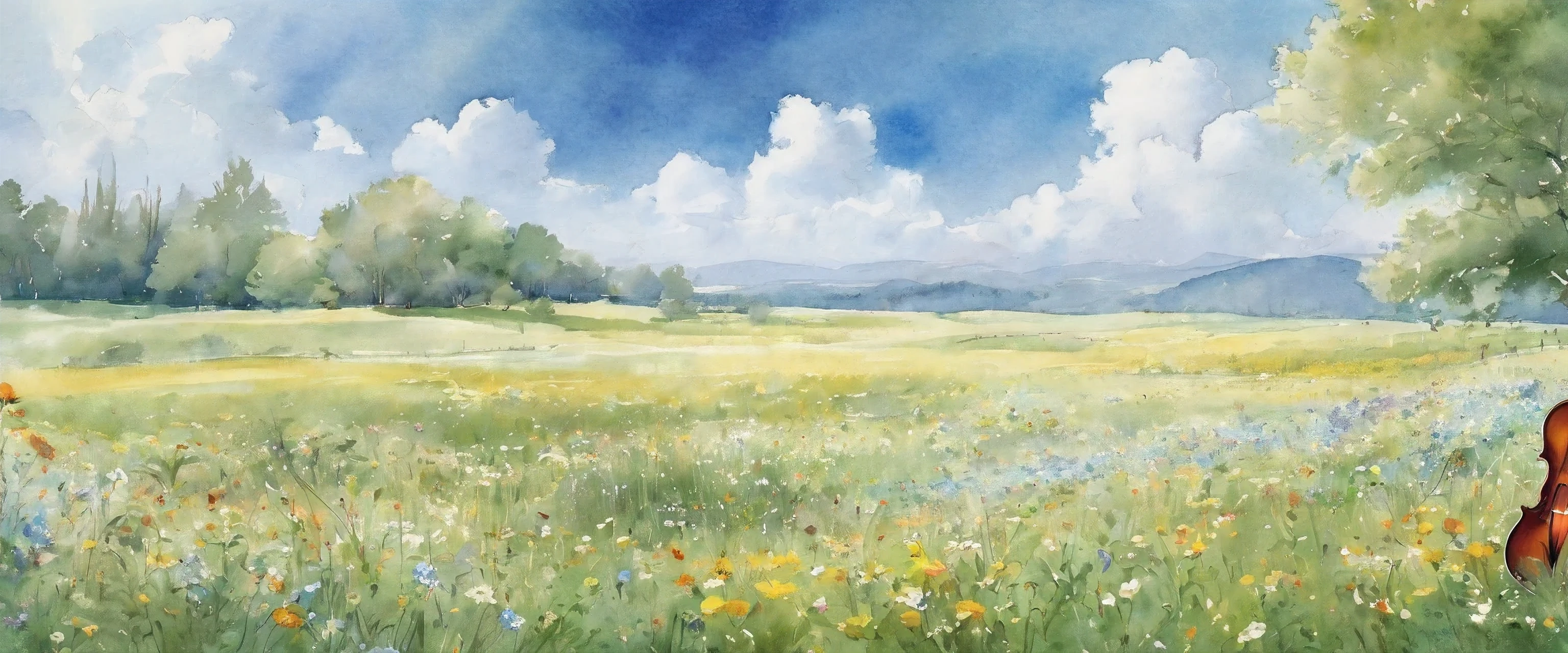 masterpiece、A flower-filled meadow, blue sky,violin,Please create a watercolor-style depiction of aviolin from a side angle, excluding any depiction of a chair, with ample whitespace surrounding the entire violin to ensure a more complete composition.