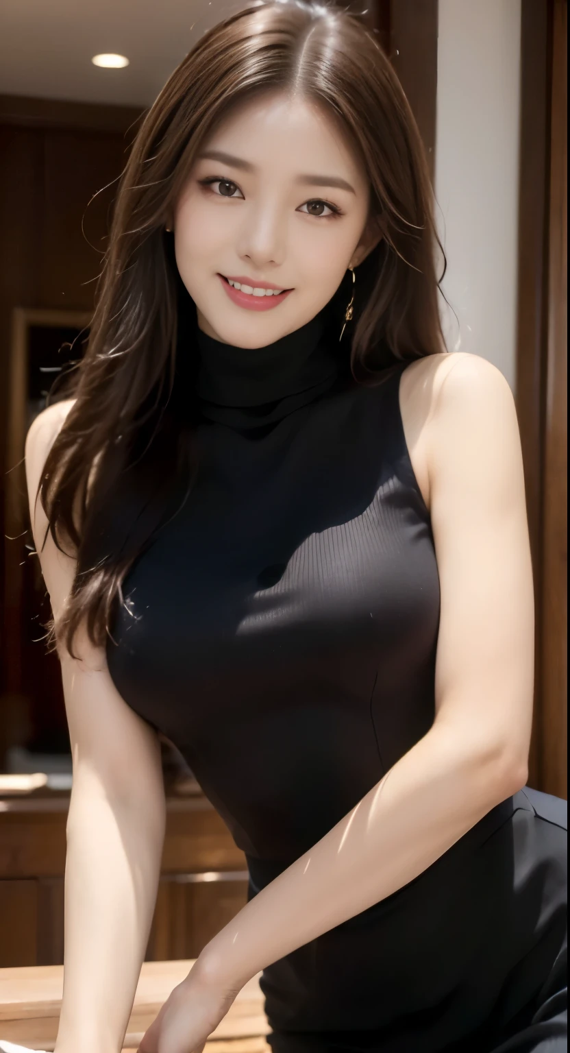 ((highest quality、8K、masterpiece:1.3)), Upper body, long legs, sharp focus:1.2, beautiful woman with perfect figure, The background is a stylish cafe, ((long hair)), (wearing a dark brown turtleneck sweater, (black underbust corset:1.2)、(Tight Skirt),(normal size breasts:0.8),normal size hips, smile at the camera:1.2), Highly detailed face and skin texture, detailed eye, double eyelid, 38 year old female, mature woman, laughter