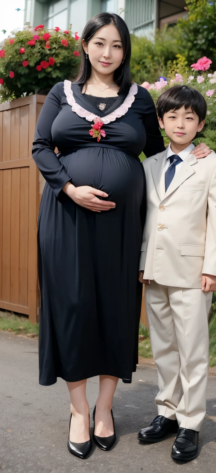 A pregnant little girl with a big chest, a fat man holding the little girl in his arms, the fat man's hand into the little girl's skirt, (little girl wearing a school uniform)